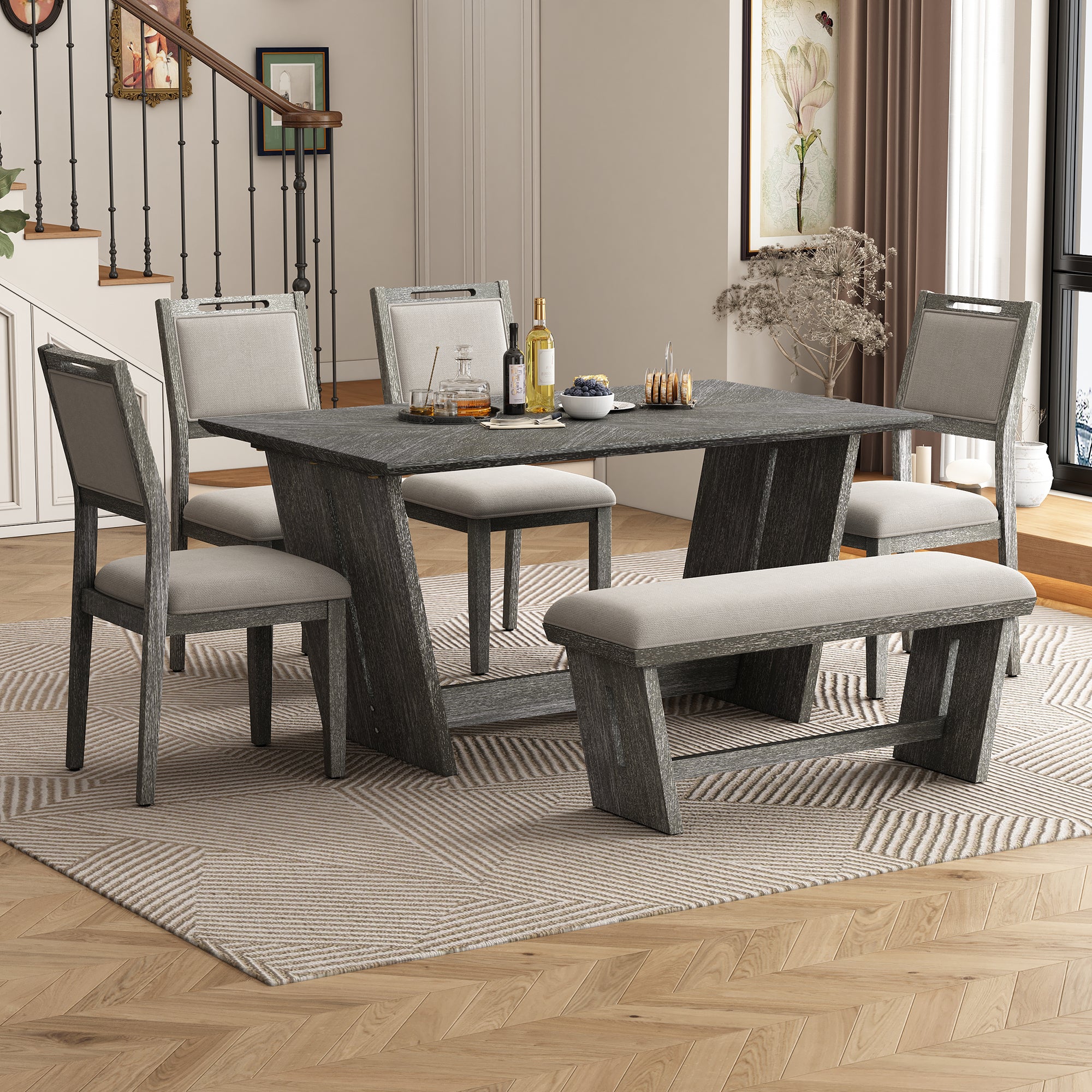 TREXM 6-Piece Retro Dining Set, 1 Rectangular Table with Stable Trapezoidal Table Base and 4 Upholstered Chairs and 1 Bench for Dining Room and Kitchen (Gray)