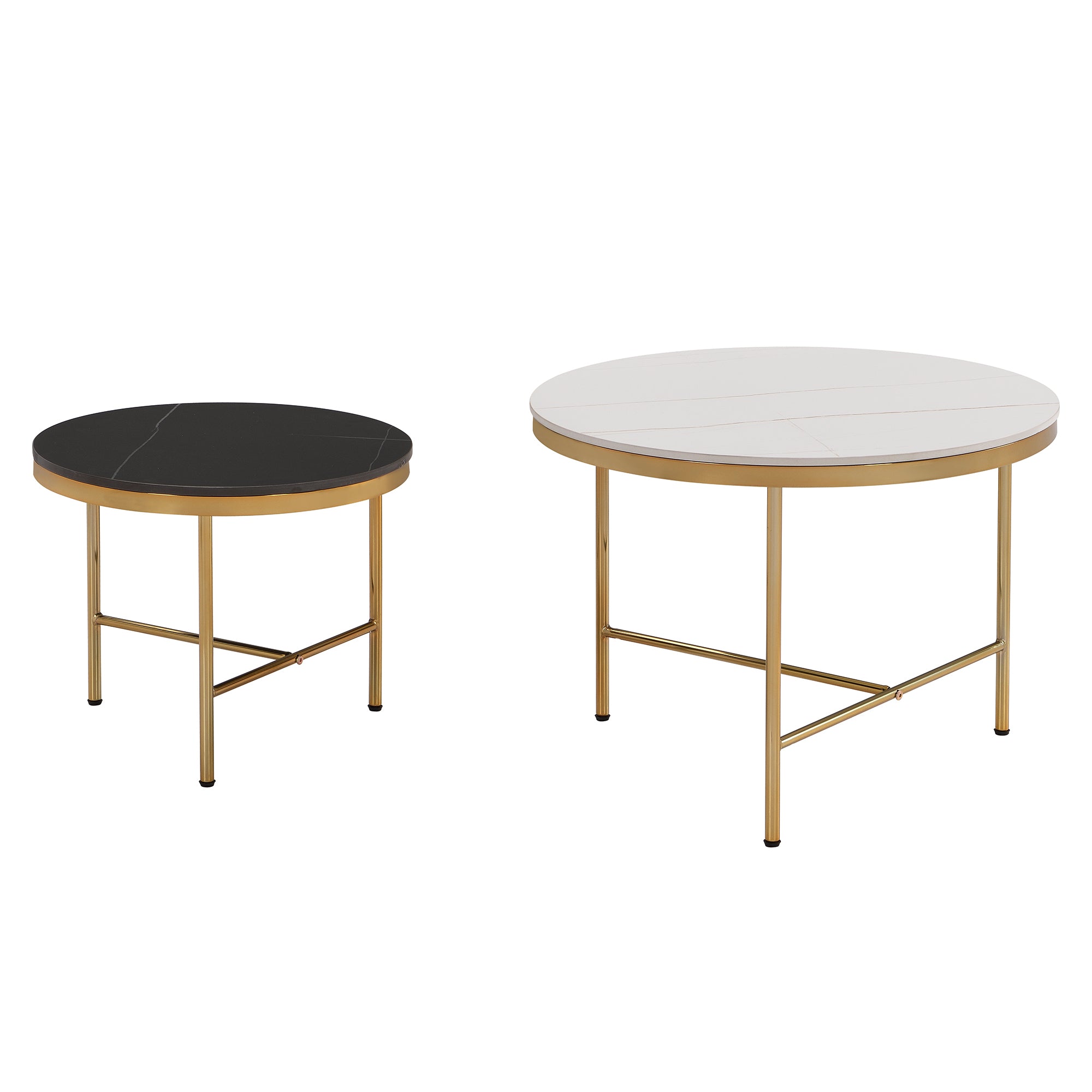 Modern Round Nesting Coffee Table Set 2-Piece Black & White Sintered Stone Top Gold Base in 23.6''&17.7''