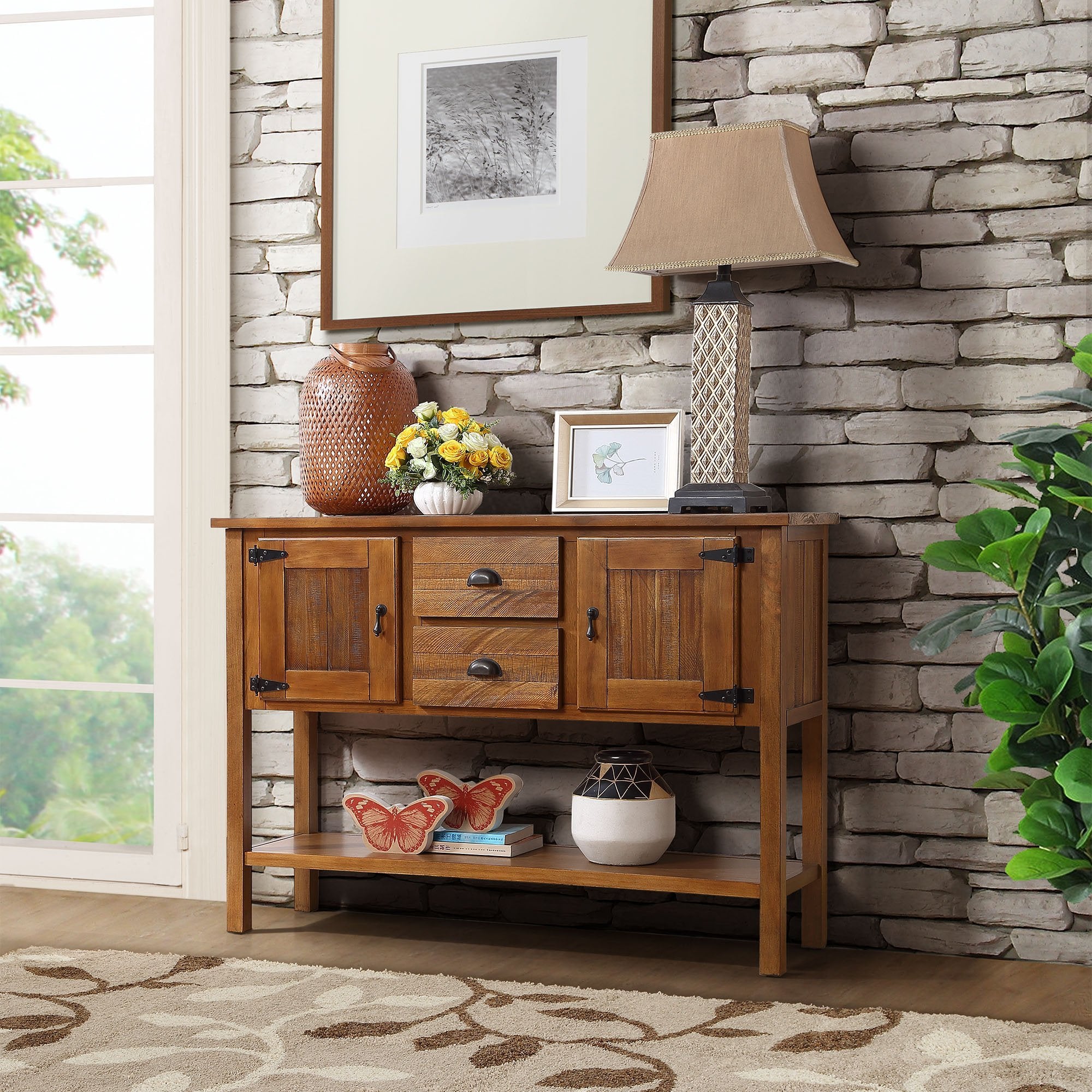 48'' Solid Wood Sideboard Console Table with 2 Drawers and Cabinets and Bottom Shelf, Retro Style Storage Dining Buffet Server Cabinet for Living Room Kitchen Dining Room(Brown)