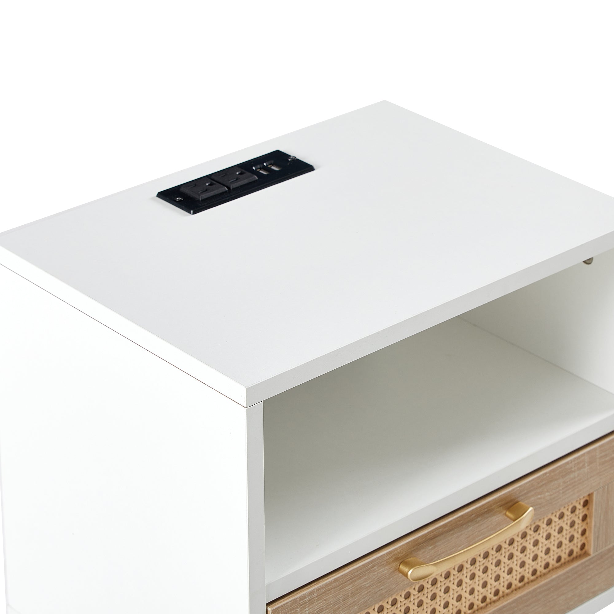 15.75" Rattan End table with Power Outlet  & USB Ports , Modern nightstand with drawer and solid wood legs, side table for living room, bedroom, white