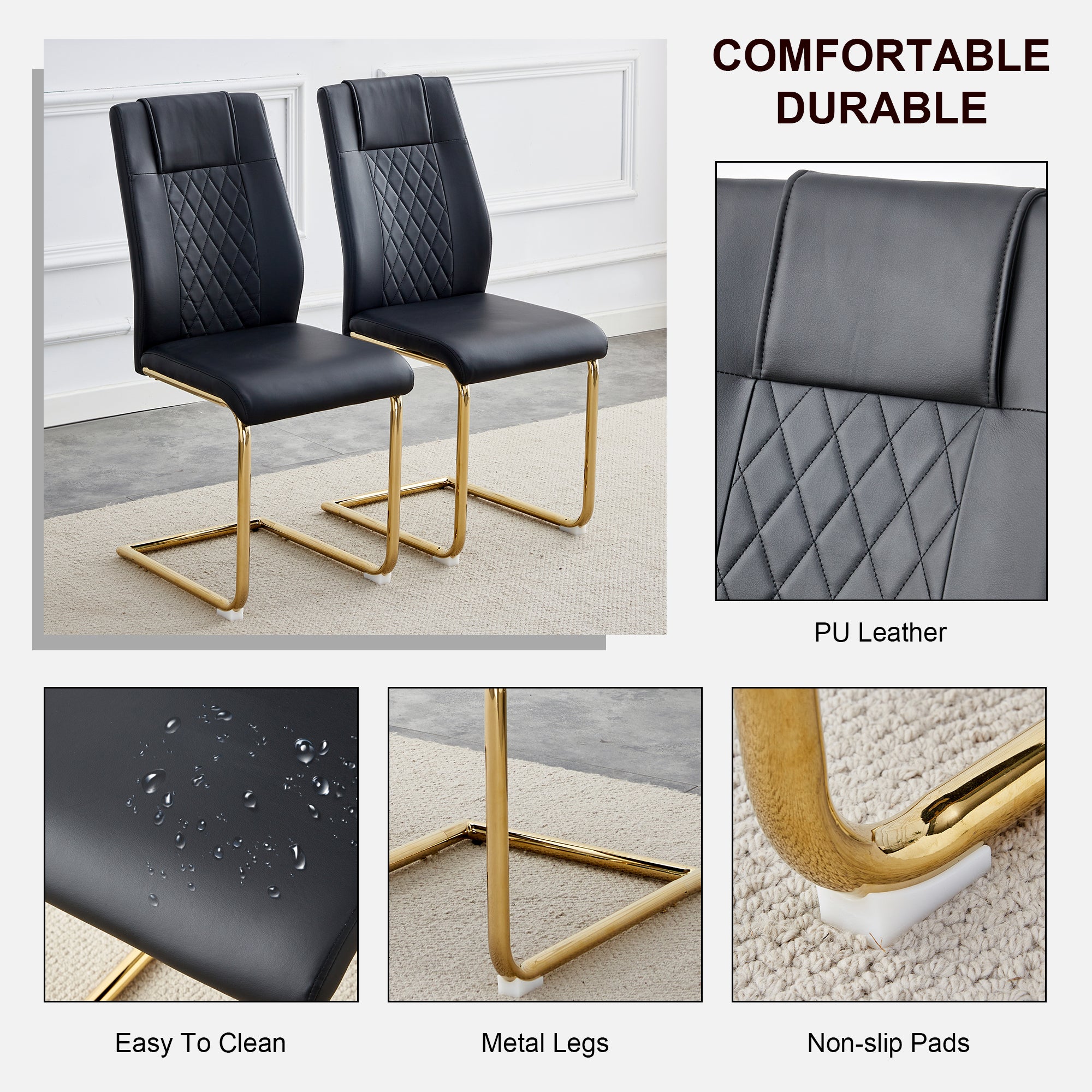 Modern dining chairs with faux leather padded seats, dining room chairs, gold metal leg upholstered chairs, suitable for kitchens, living rooms, bedrooms, and offices, set of 4 (black+PU leather)C-001