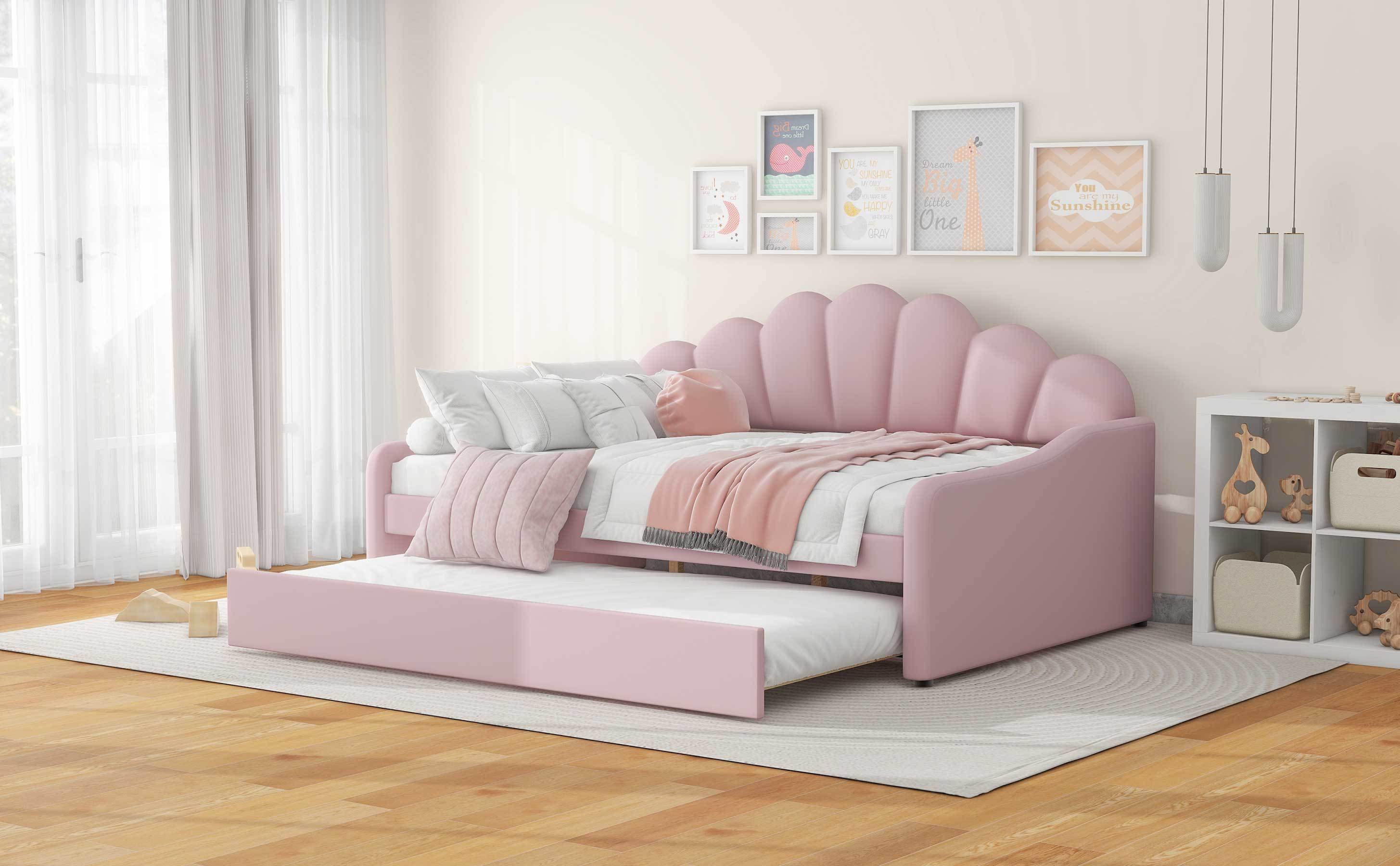 Full Size Upholstery Daybed Frame with Shall Shaped Backrest  and Trundle,Pink