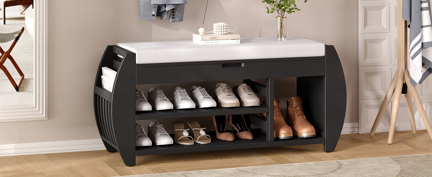 TREXM Retro Multifunctional Storage Bench with Cushion and Curved Side Panel for Entrance and Living Room (Black)
