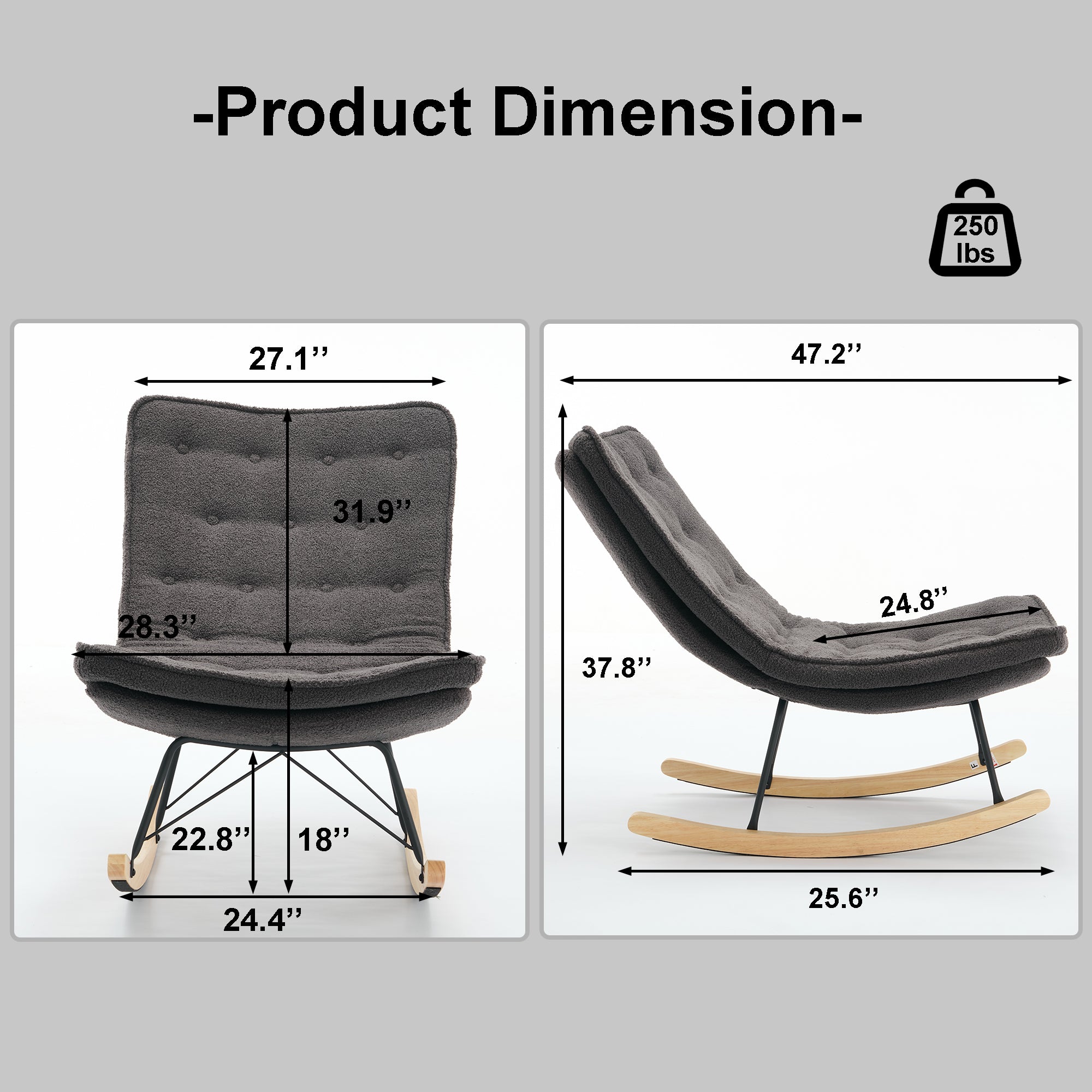 Lazy Rocking Chair,Comfortable Lounge Chair with Wide Backrest and Seat Wood Base, Upholstered Armless Rocker Chair for Living room, Balcony,Bedroom and Patio Porch. (GREY)
