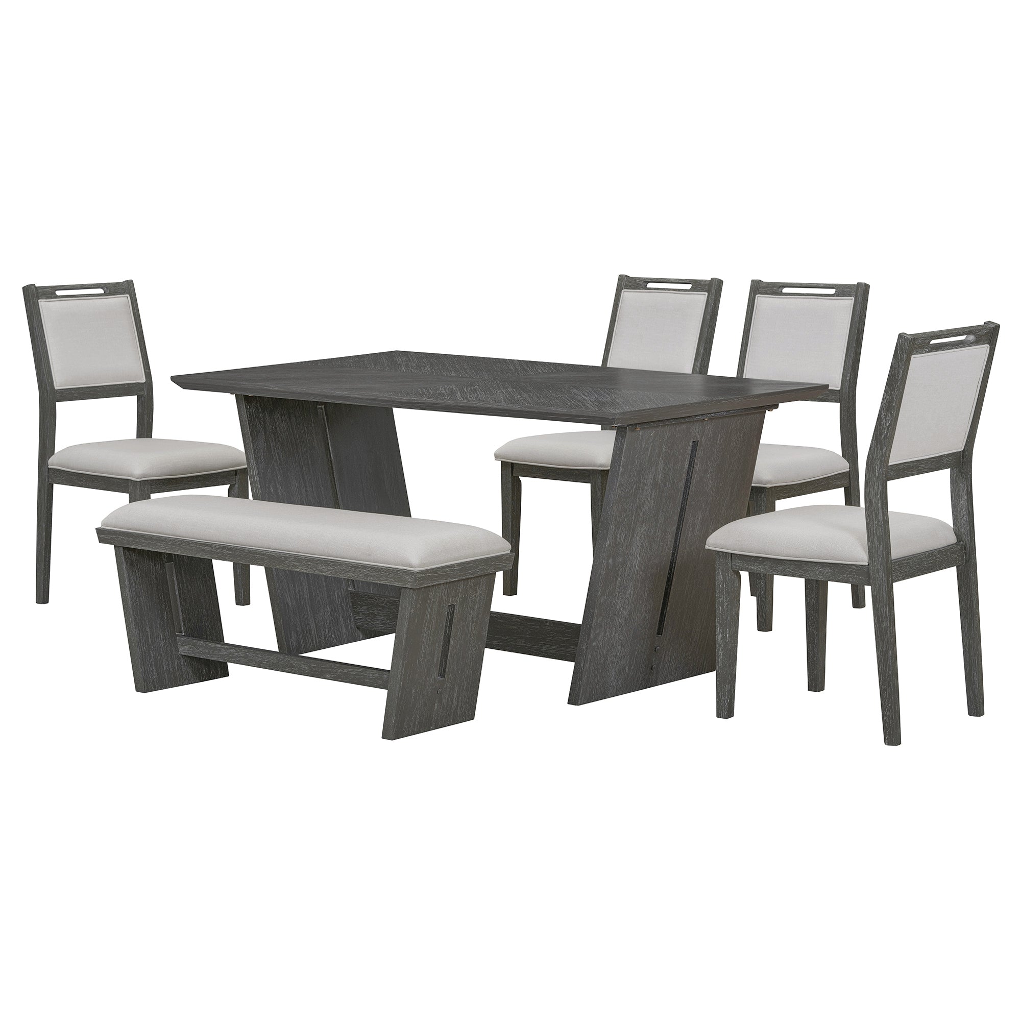 TREXM 6-Piece Retro Dining Set, 1 Rectangular Table with Stable Trapezoidal Table Base and 4 Upholstered Chairs and 1 Bench for Dining Room and Kitchen (Gray)