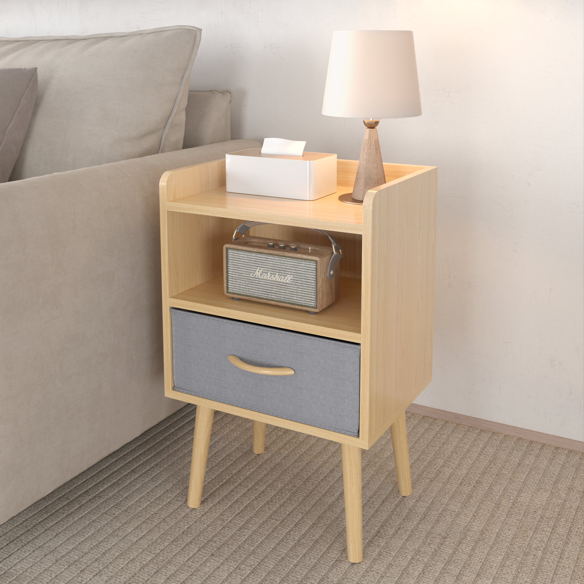 Nightstand With Collapsible Fabric Drawer, 2-Tier Storage End Table, Wood Side Table with Storage Cabinet or Kids, Adults - Oak