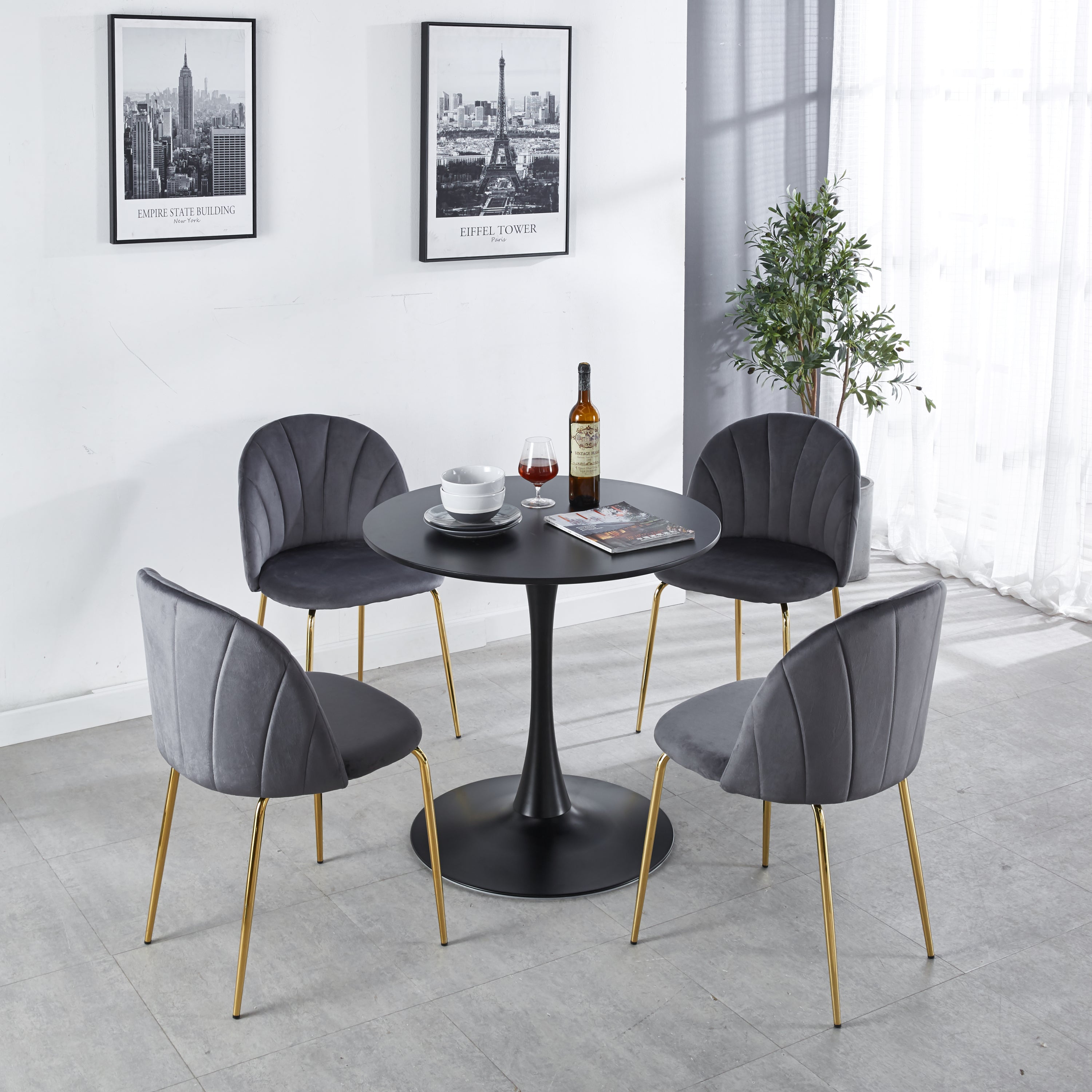 31.5"Black Tulip Table Mid-century Dining Table for 2-4 people With Round Mdf Table Top, Pedestal Dining Table, End Table Leisure Coffee Table