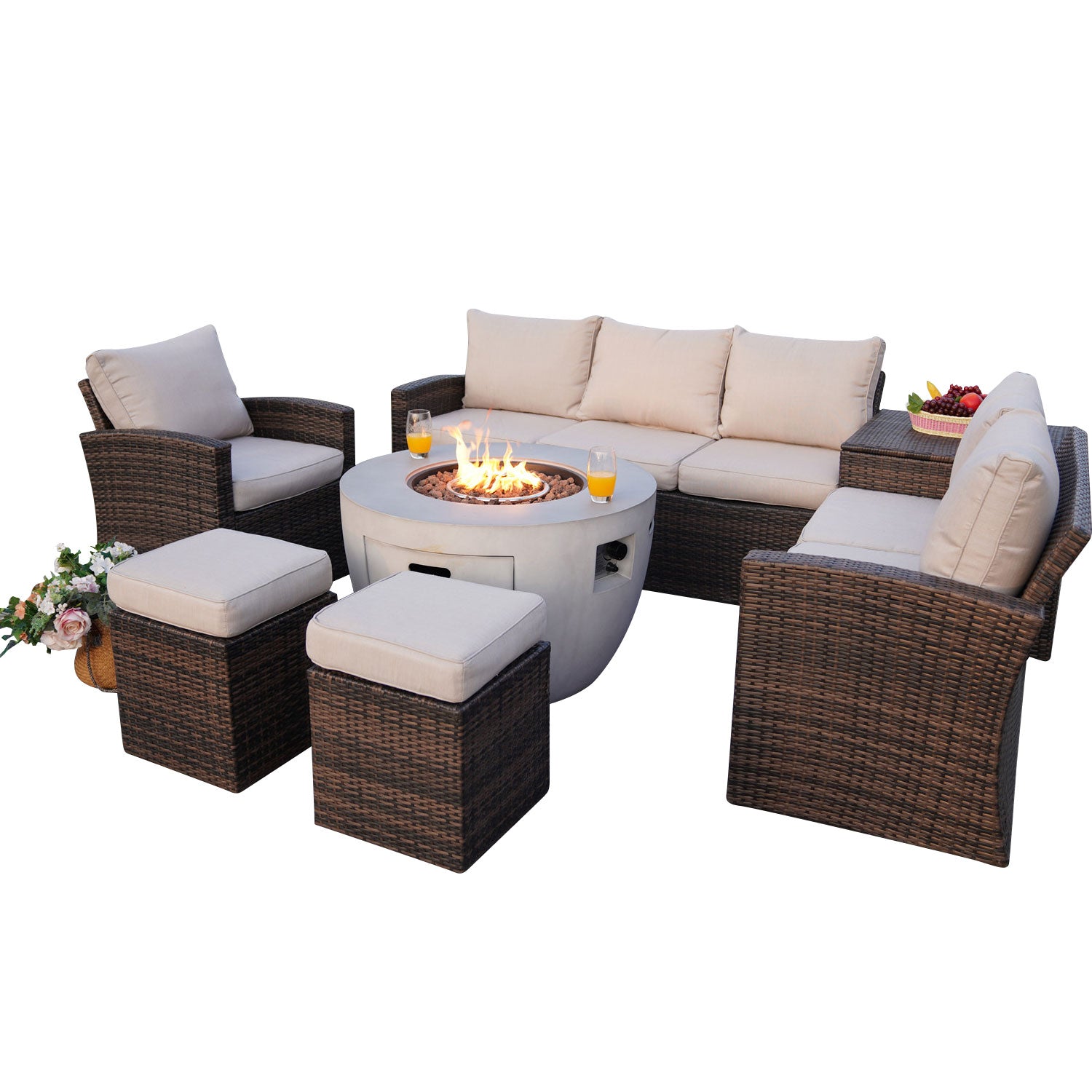 Abrihome Aurora 7PCS Patio Garden Rattan Wicker Dining Sofa Fire Table Set (PAS-1403B+2160)