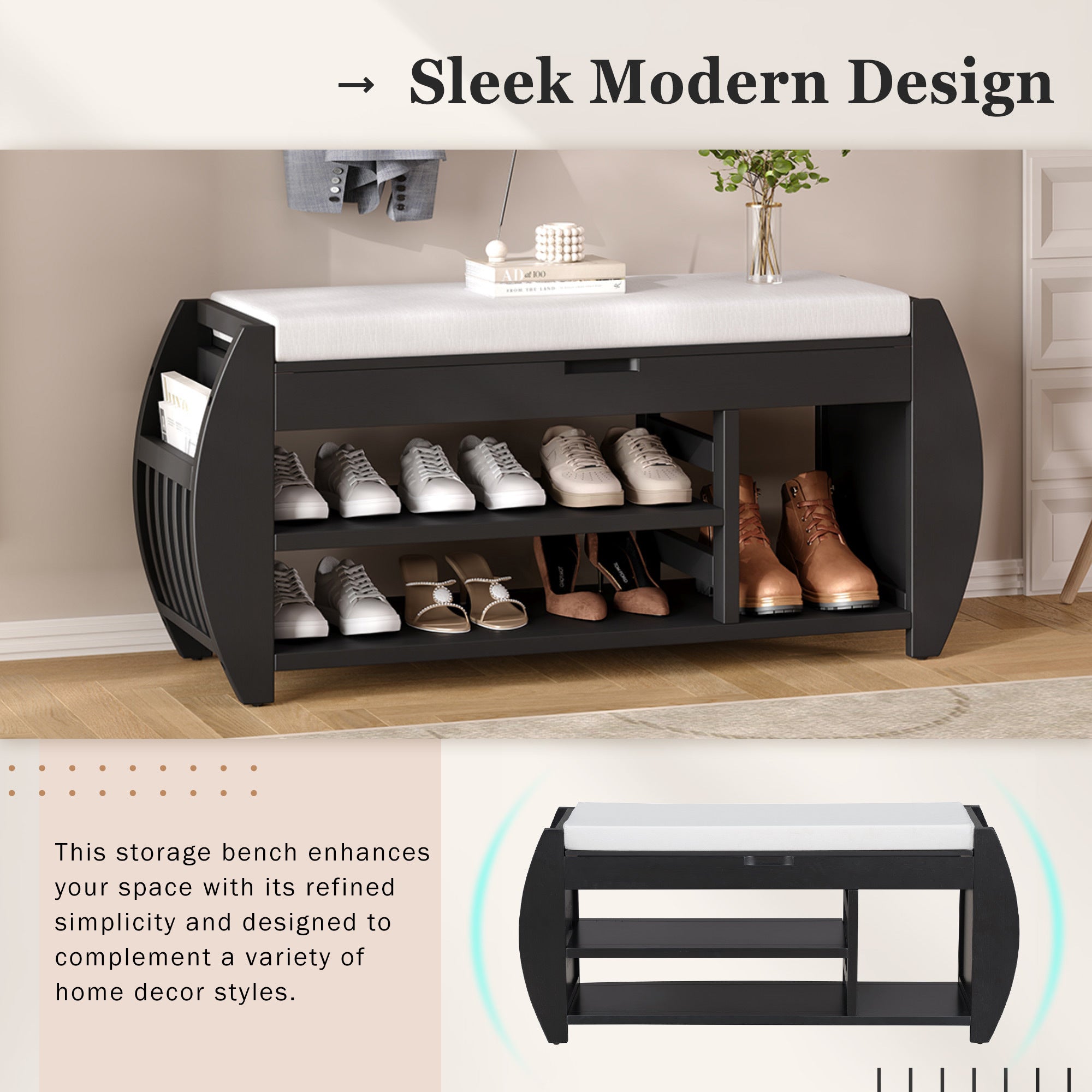 TREXM Retro Multifunctional Storage Bench with Cushion and Curved Side Panel for Entrance and Living Room (Black)