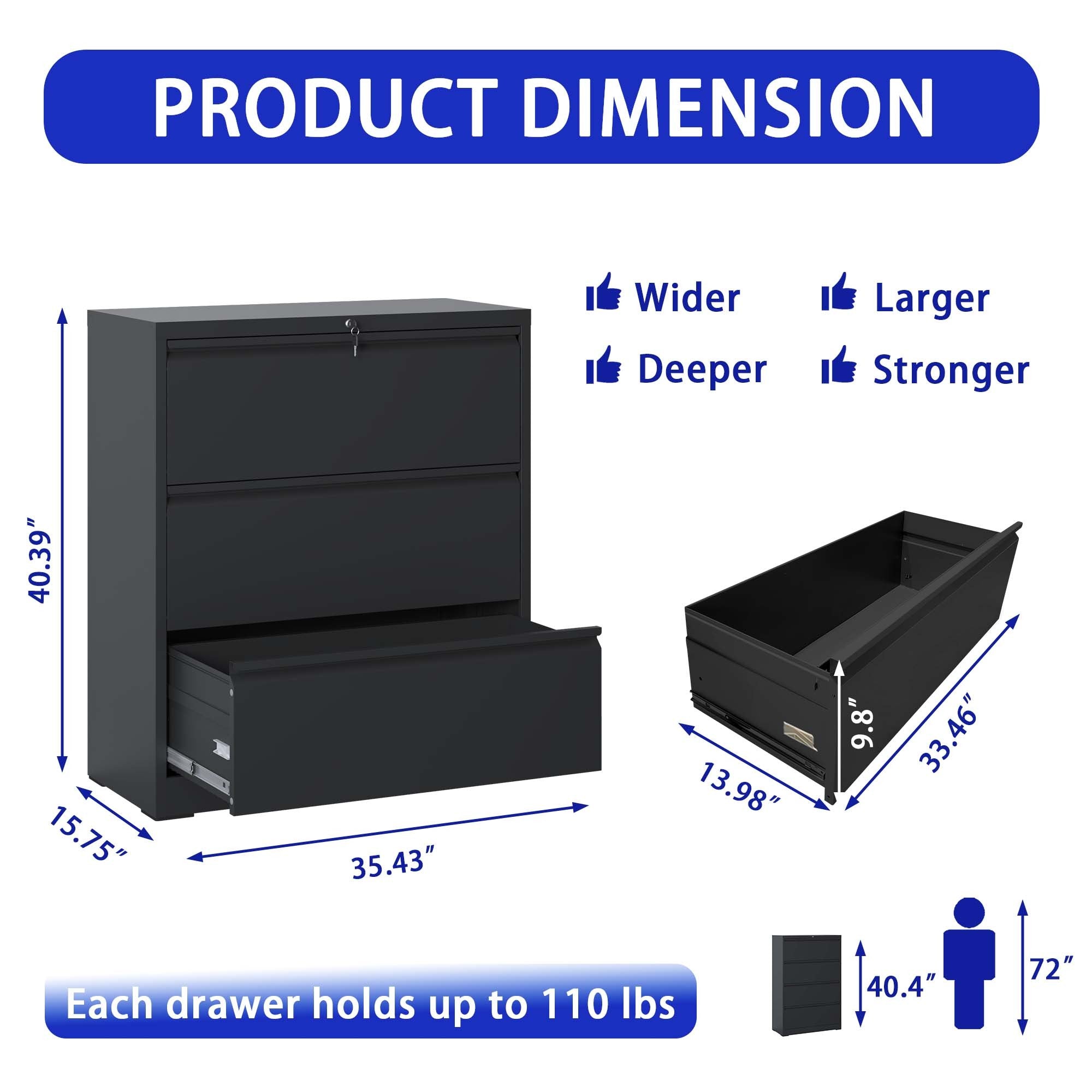 Lateral File Cabinet 3 Drawer, Black Filing Cabinet with Lock, Lockable File Cabinet for Home Office, Locking Metal File Cabinet for Legal/Letter/A4/F4 Size