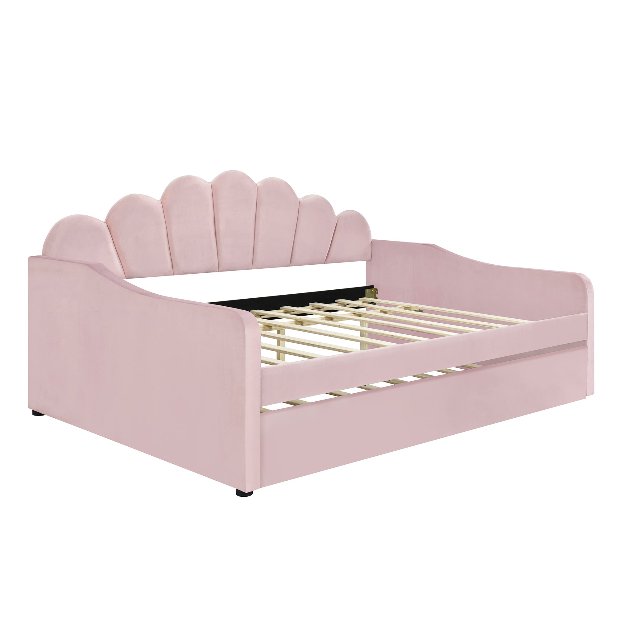 Full Size Upholstery Daybed Frame with Shall Shaped Backrest  and Trundle,Pink