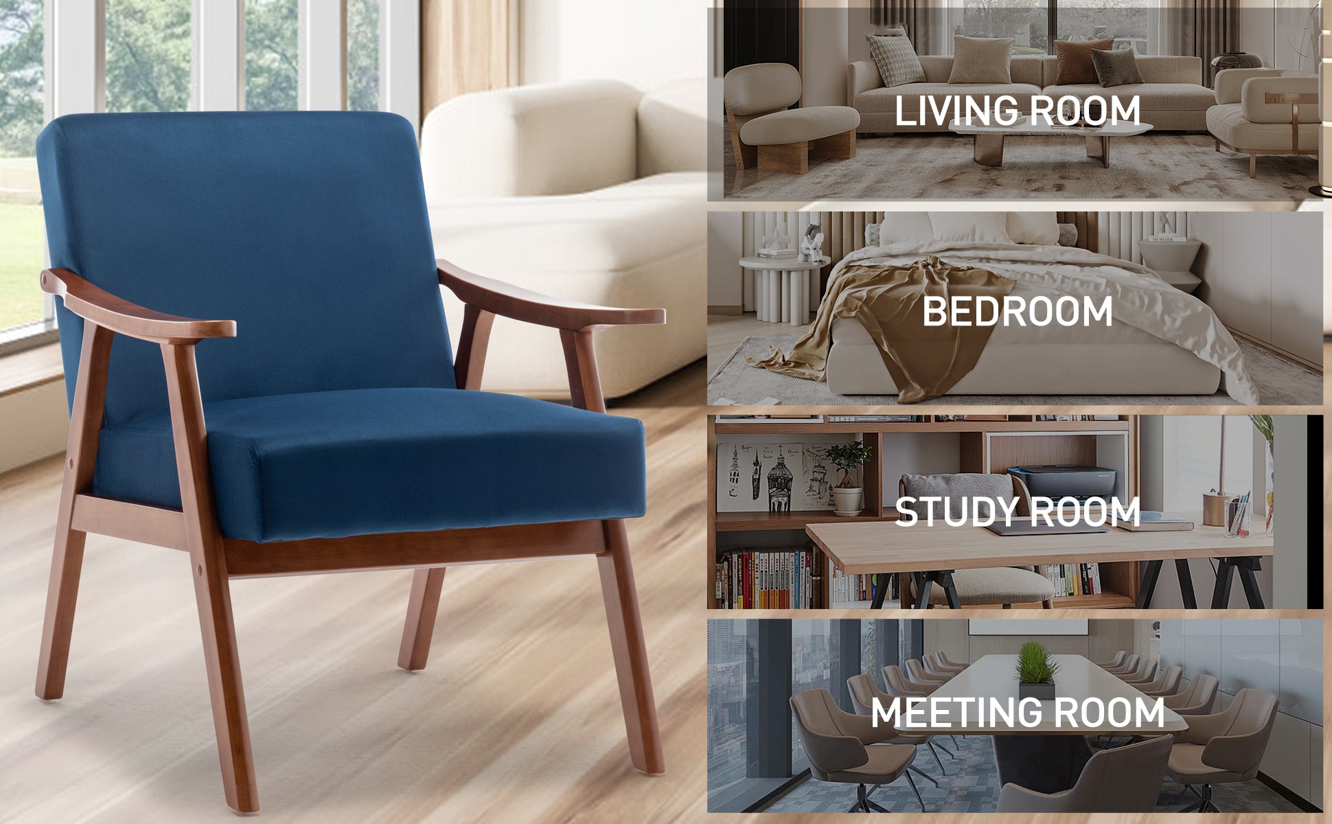 Mid-Century Modern Chair, Living Room Chair with Solid Wood Frame, Accent Chair Extra-Thick Backrest, Wingback Chair for Bedroom, Reading Room, Living Room, Lounge Chair Indoor