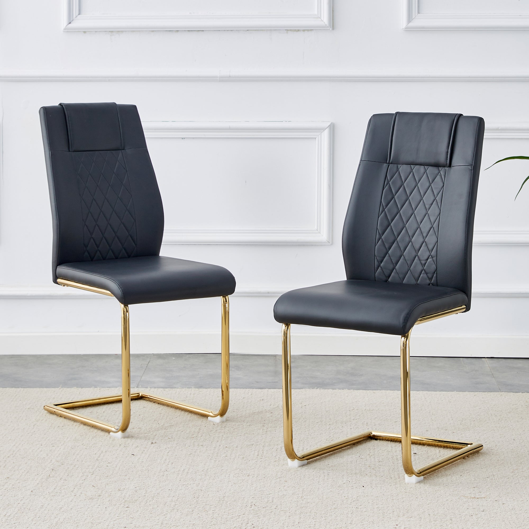 Modern dining chairs with faux leather padded seats, dining room chairs, gold metal leg upholstered chairs, suitable for kitchens, living rooms, bedrooms, and offices, set of 4 (black+PU leather)C-001