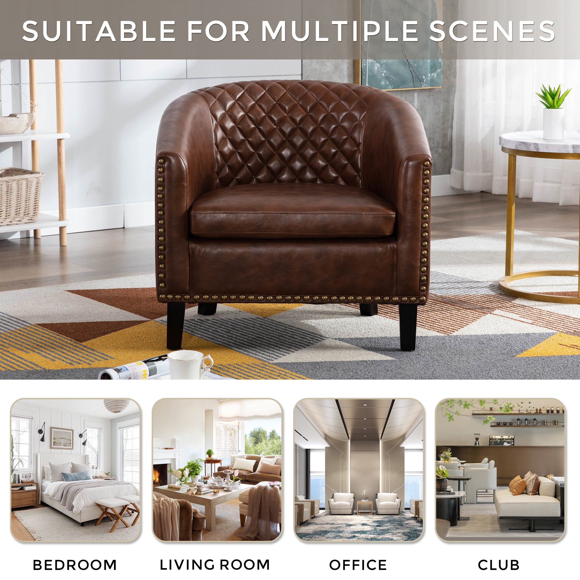 COOLMORE Barrel Chairs with Soft Padded Armrest, Club Chairs with nailheads and solid wood legs for Living Room Bedroom Waiting Room (PU Leather)