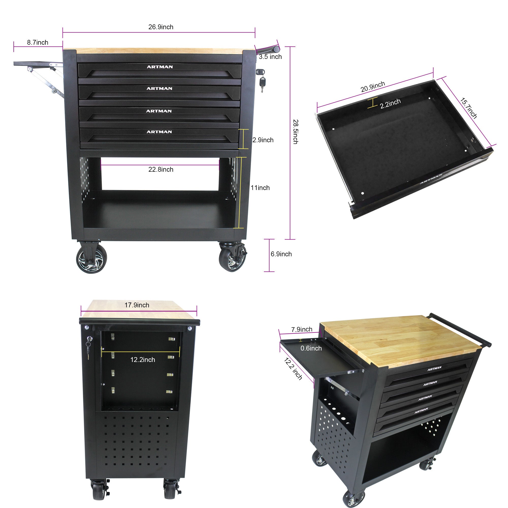 4 DRAWERS MULTIFUNCTIONAL TOOL CART WITH WHEELS AND WOODEN TOP-BLACK