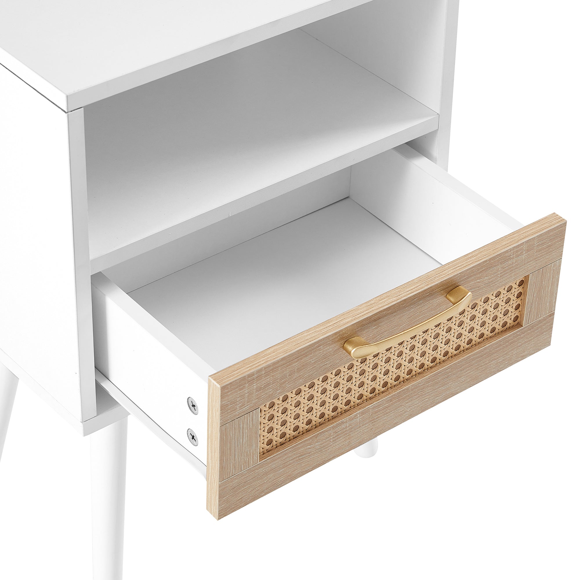 15.75" Rattan End table with Power Outlet  & USB Ports , Modern nightstand with drawer and solid wood legs, side table for living room, bedroom, white