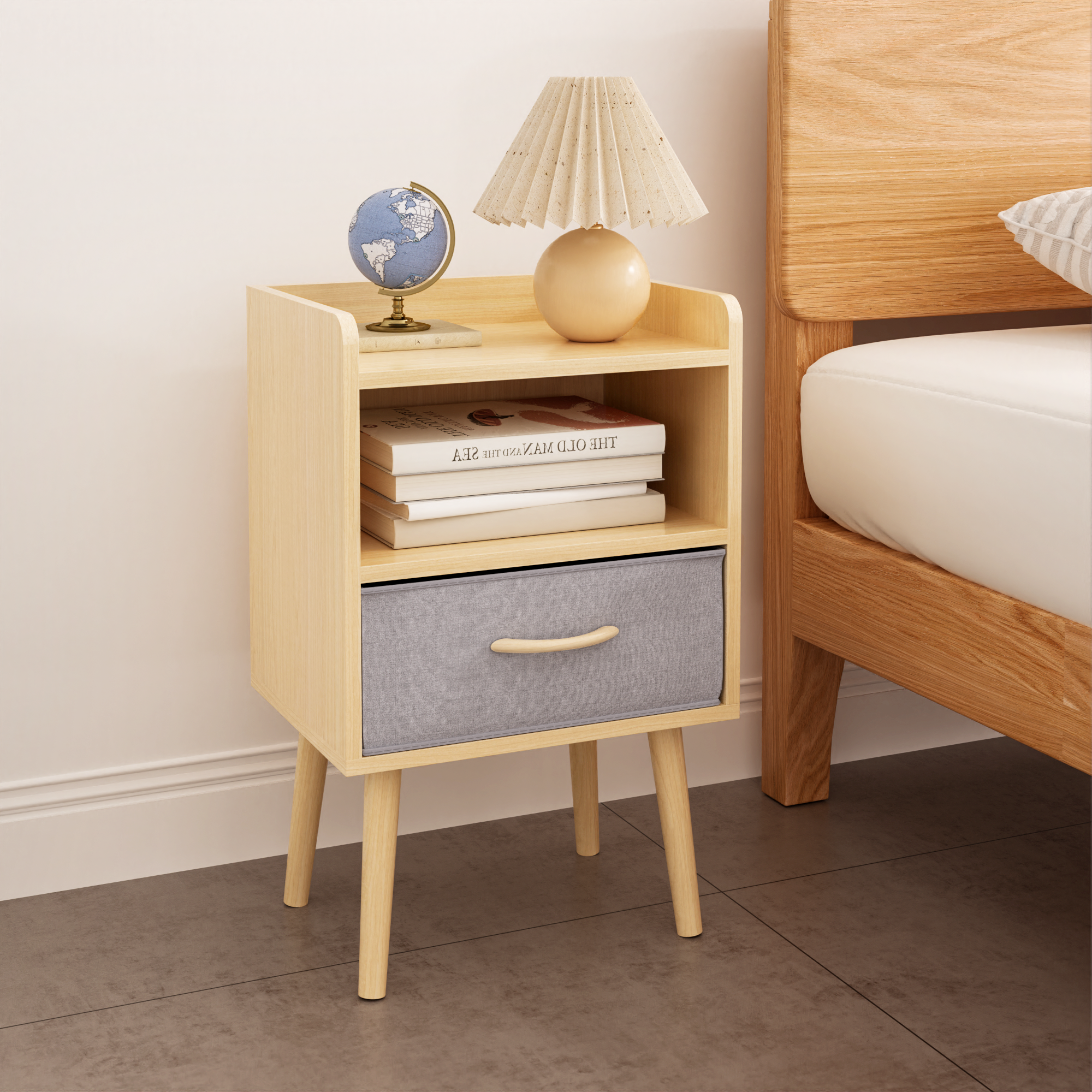 Nightstand With Collapsible Fabric Drawer, 2-Tier Storage End Table, Wood Side Table with Storage Cabinet or Kids, Adults - Oak