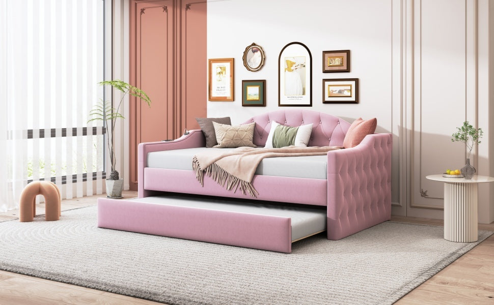 Twin Size Tufted Upholstered Daybed with Trundle ,Velvet Sofabed with USB&Type-C Charging Ports,No Box-spring Needed, Pink