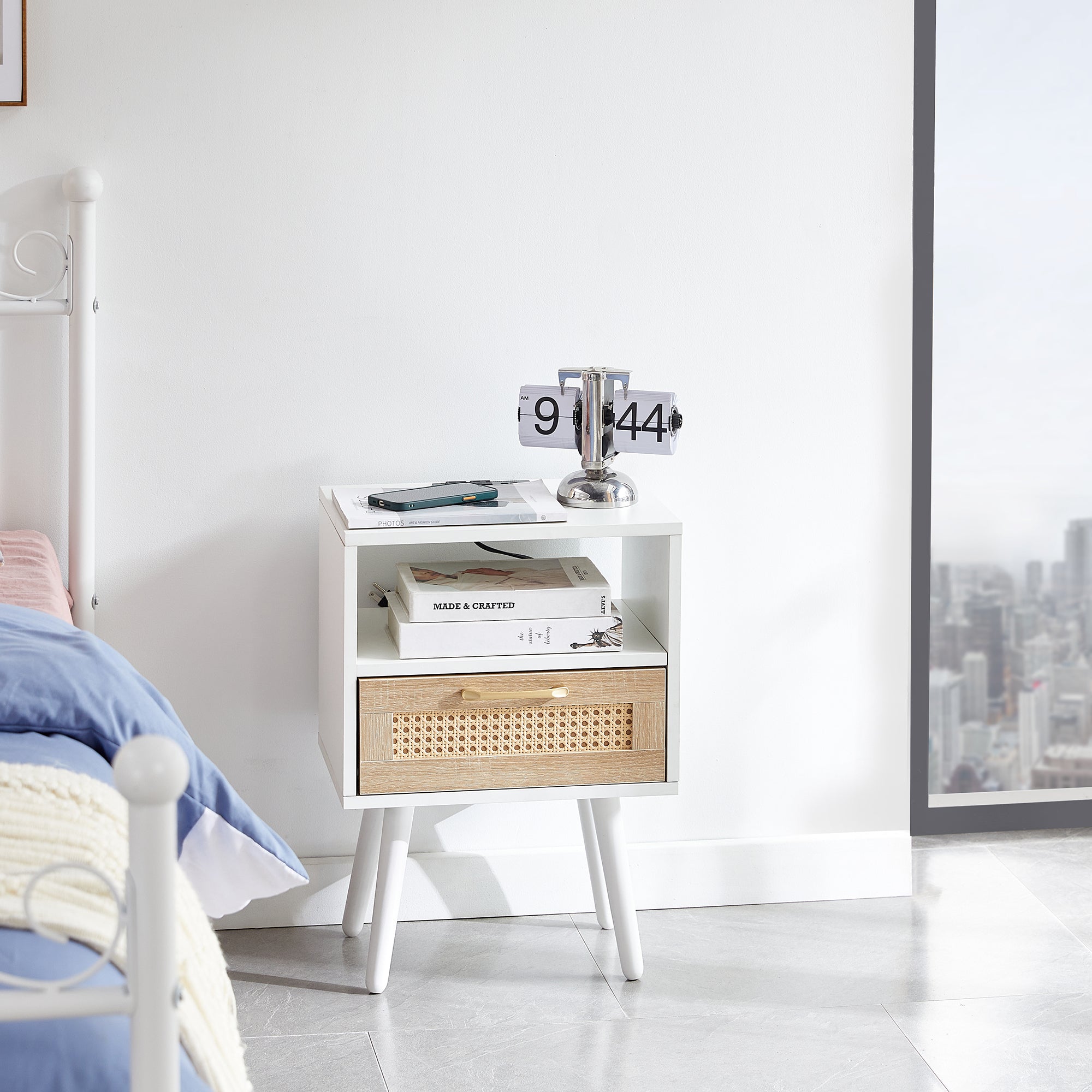 15.75" Rattan End table with Power Outlet  & USB Ports , Modern nightstand with drawer and solid wood legs, side table for living room, bedroom, white