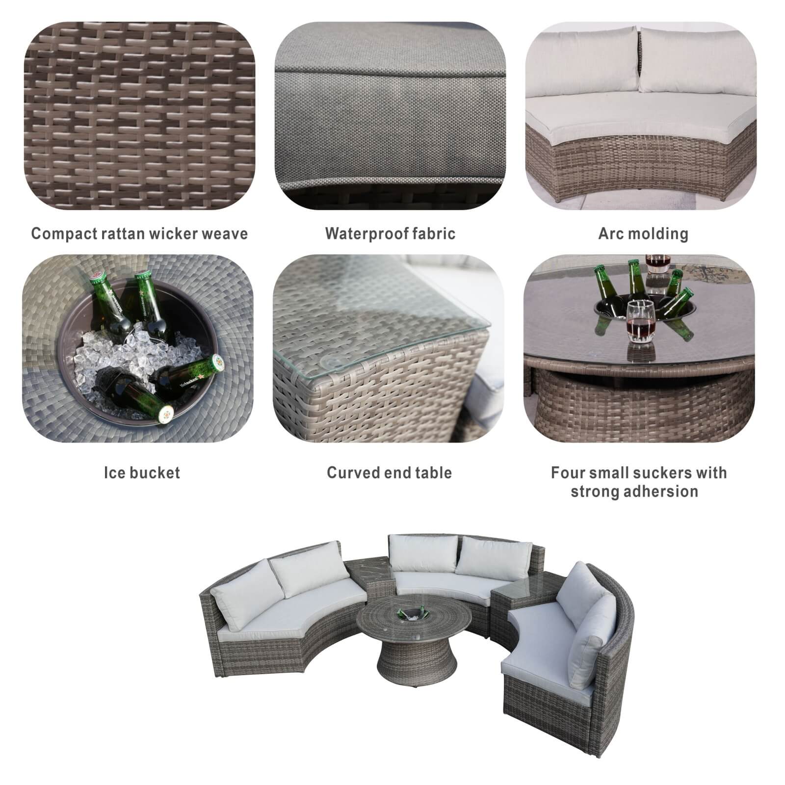 6-Piece Semi-Circular Outdoor Sofa Set with Round Coffee Table (PAS-1205B)