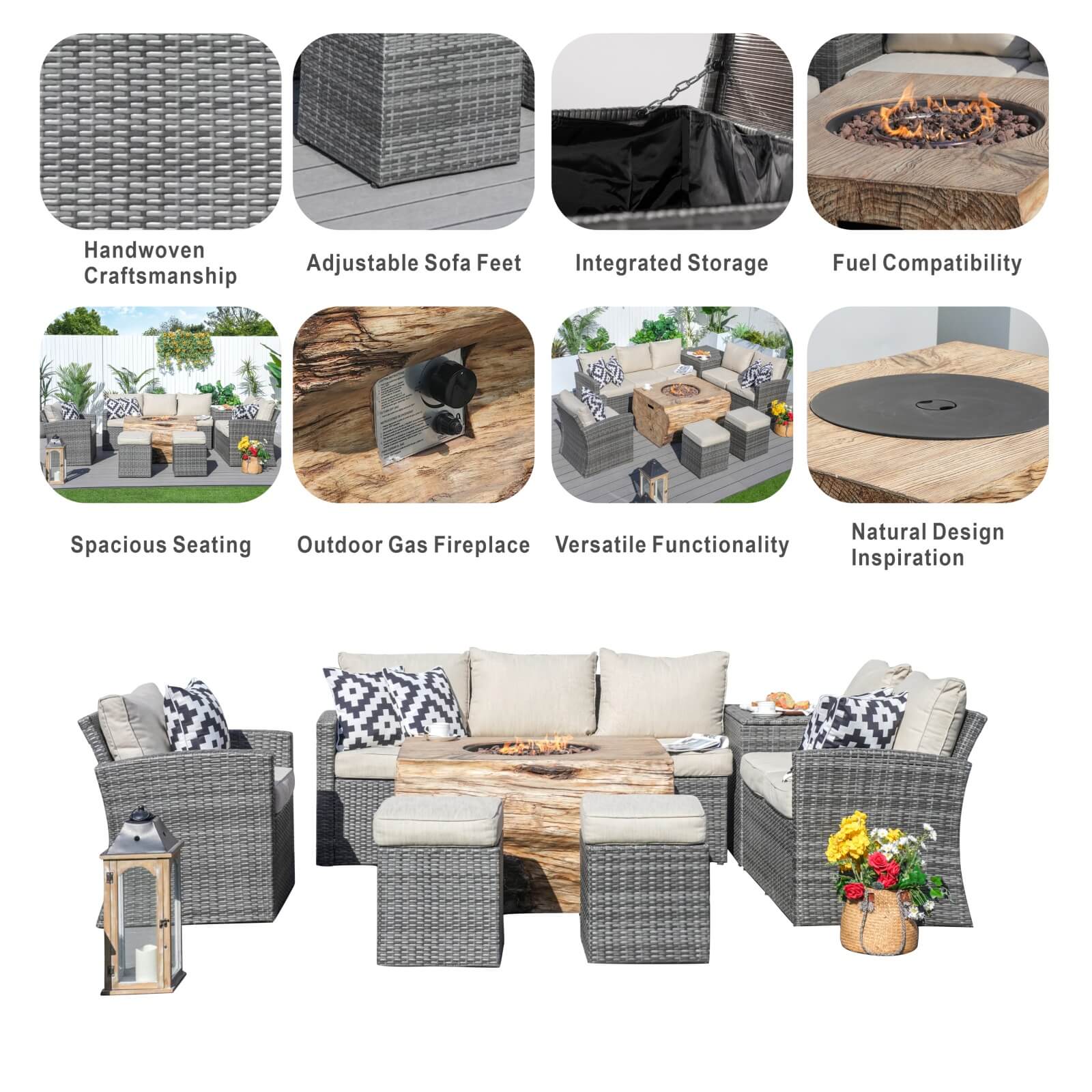 7-Piece Outdoor Fire Pit Set with TerraFlame Rectangle Table(PAG-1403B+2170)