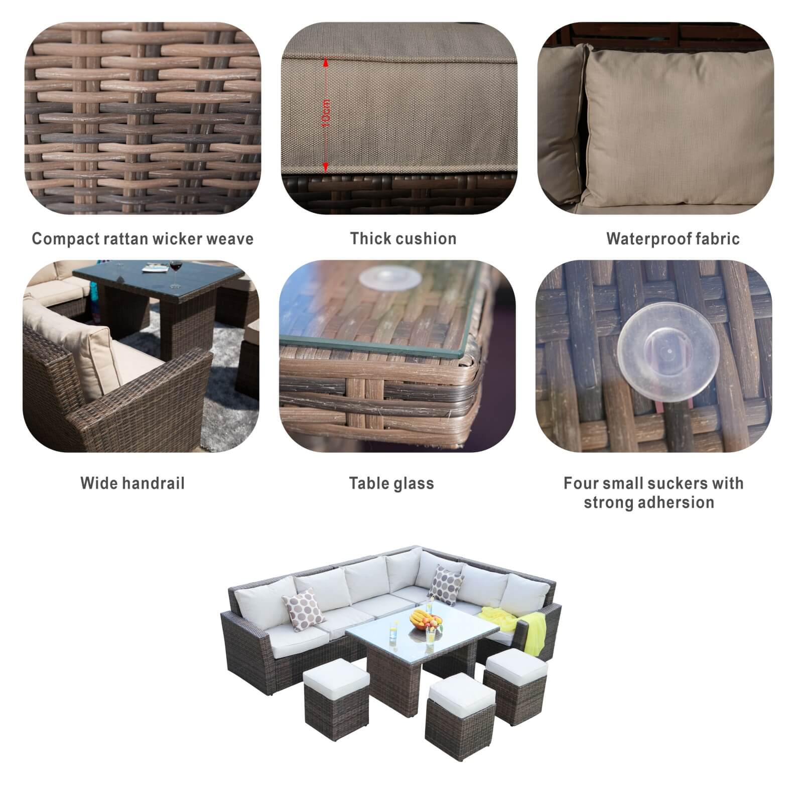 Outdoor Corner Sofa Set with Rectangular Dining Table and Ottoman(PAS-1403-SET)