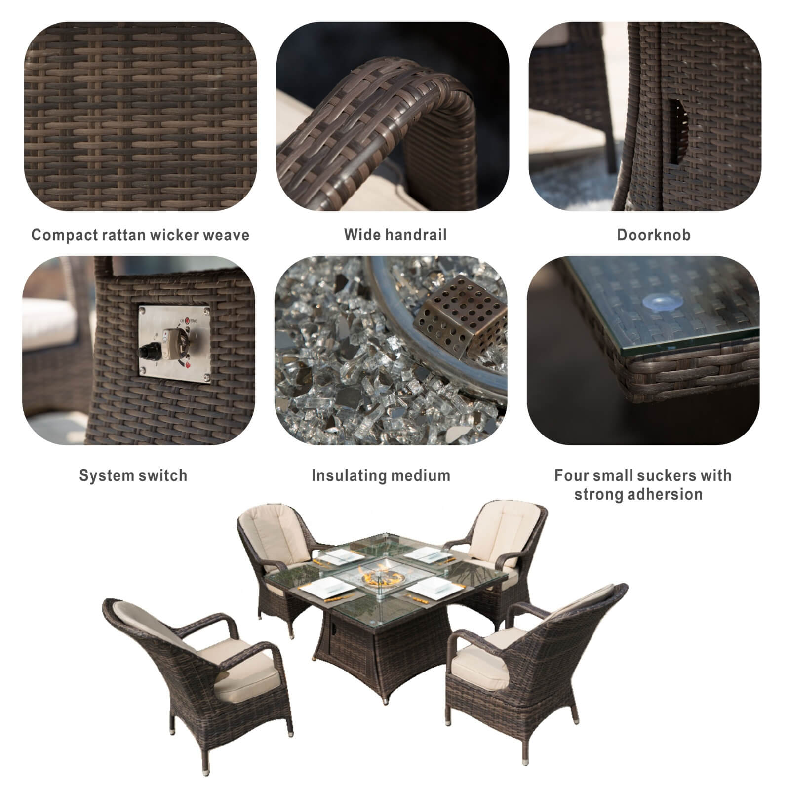 Outdoor Conversation Set with Square Fire Pit Table for 4 Seats(PAG-1104+009-BR)