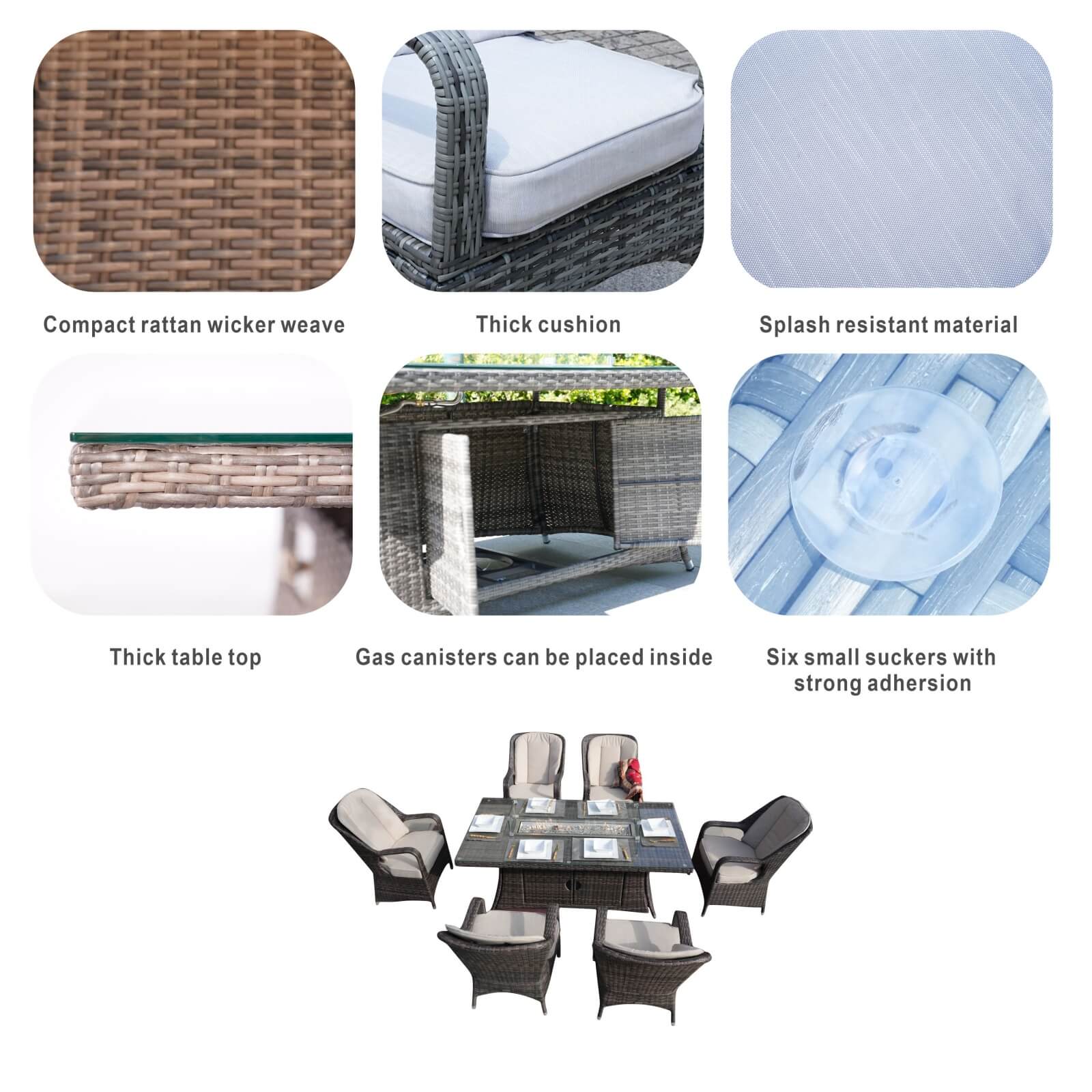 6-Seat Outdoor Fire Pit Dining Set with Rectangle Fire Pit Table  (PAG-1106R-SET)