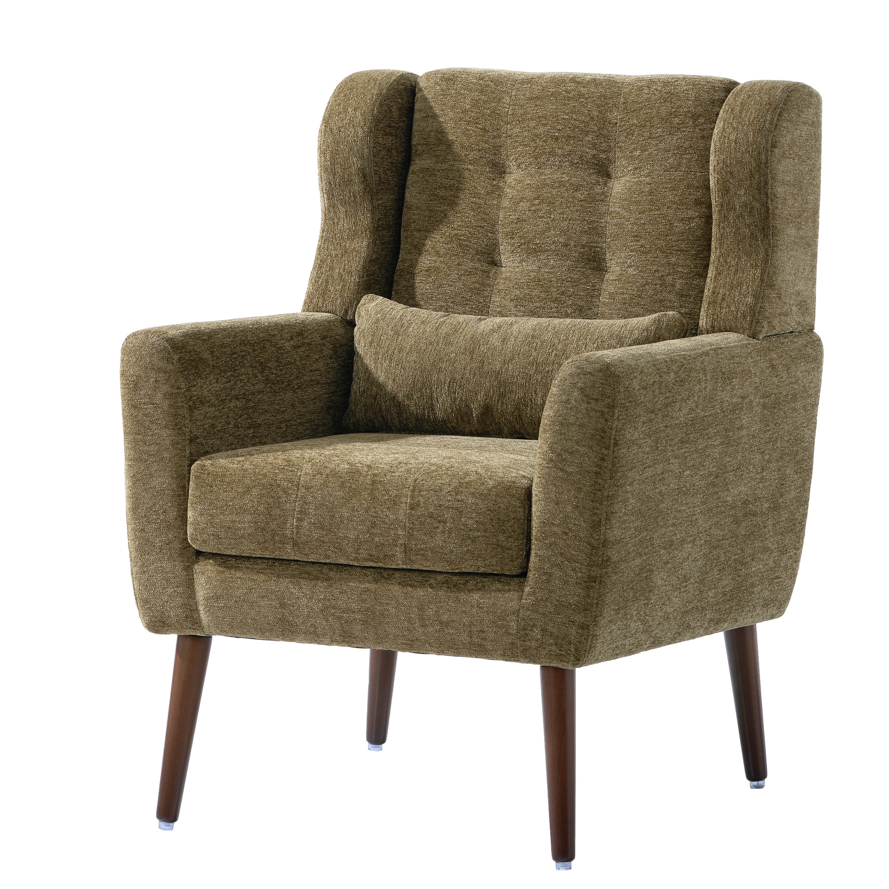 Modern Accent Chair,Chenille Arm Chairs for Living Room,Upholstered Mordern Armchair,Comfy Soft Padded Lounge Chair in Small Space, Bedroom, w/Pillow, Solid Wood Leg (Olive Green)