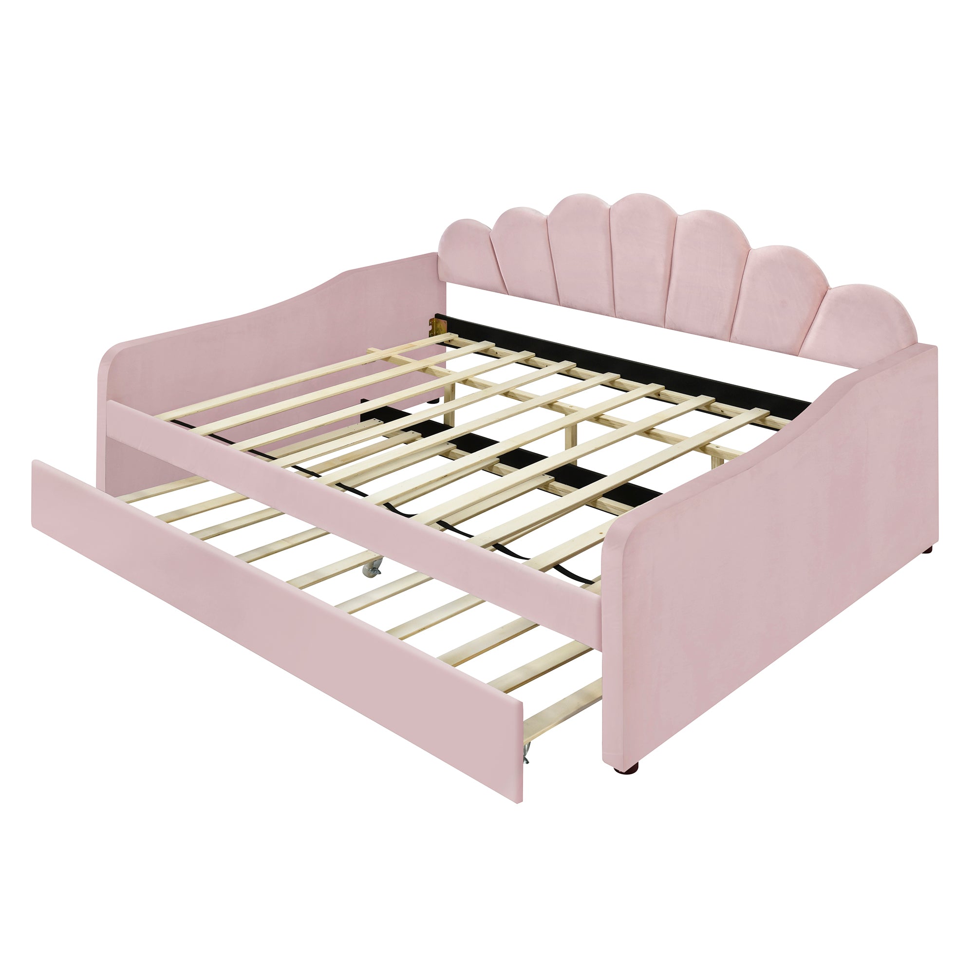 Full Size Upholstery Daybed Frame with Shall Shaped Backrest  and Trundle,Pink