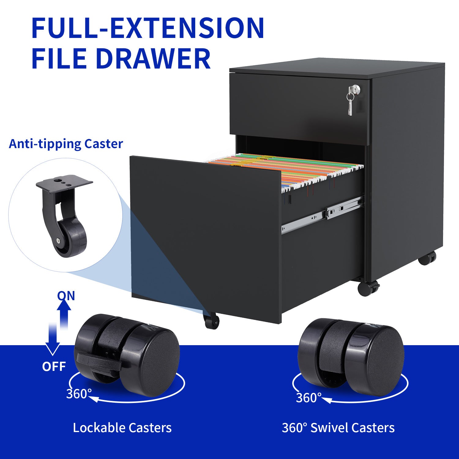 2 Drawer Mobile File Cabinet with Lock Steel File Cabinet for Legal/Letter/A4/F4 Size, Fully Assembled except for Wheels, Home/ Office Design, Black