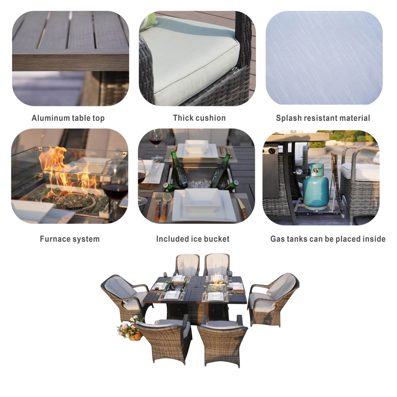 Outdoor 6-Seat Dining Set with Fire Pit Table and Ice Bucket(PAG-1106FI-SET)
