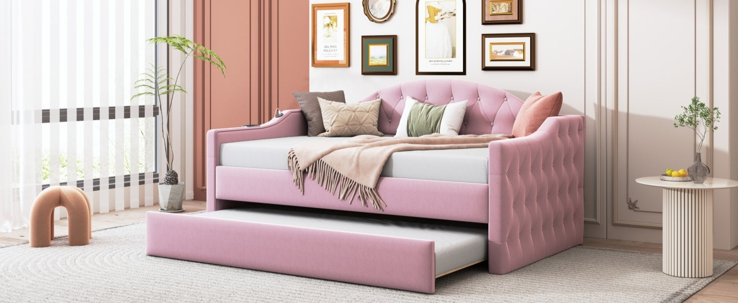 Twin Size Tufted Upholstered Daybed with Trundle ,Velvet Sofabed with USB&Type-C Charging Ports,No Box-spring Needed, Pink