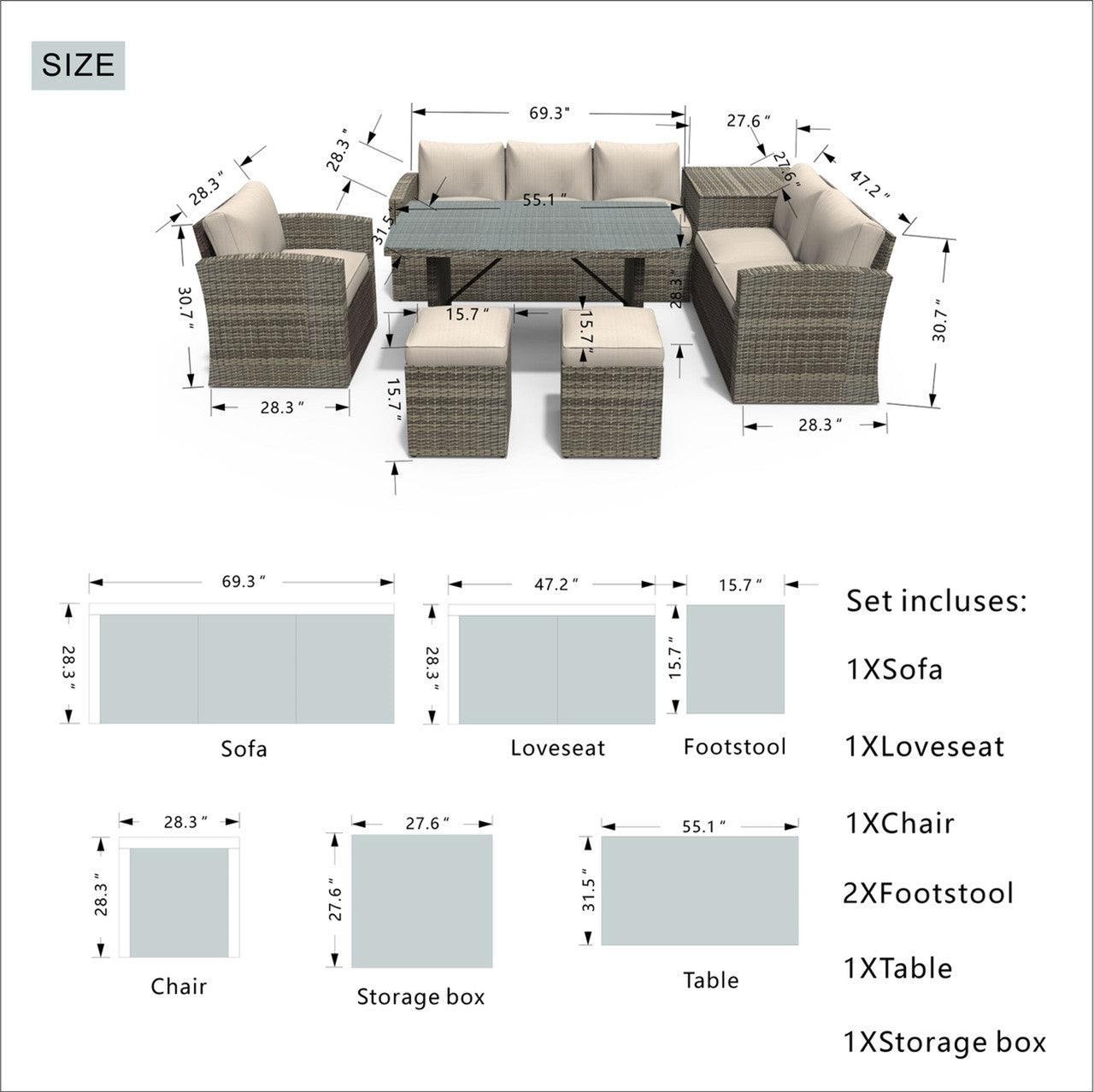 7-Piece Patio Set with Ottomans and Storage Box(PAS-1403B)