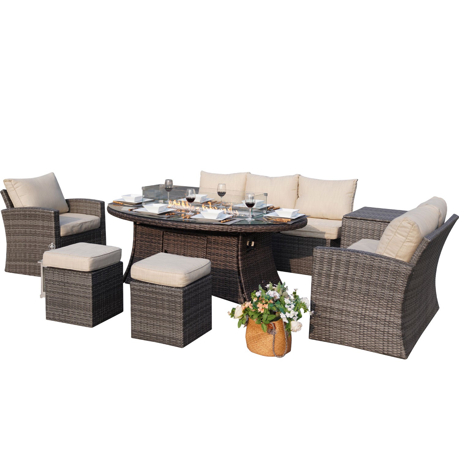 7-Piece Patio Conversational Sofa Set with Oval Firepit Dining Table and 2 Ottomans (PAS-1403B+1106O)