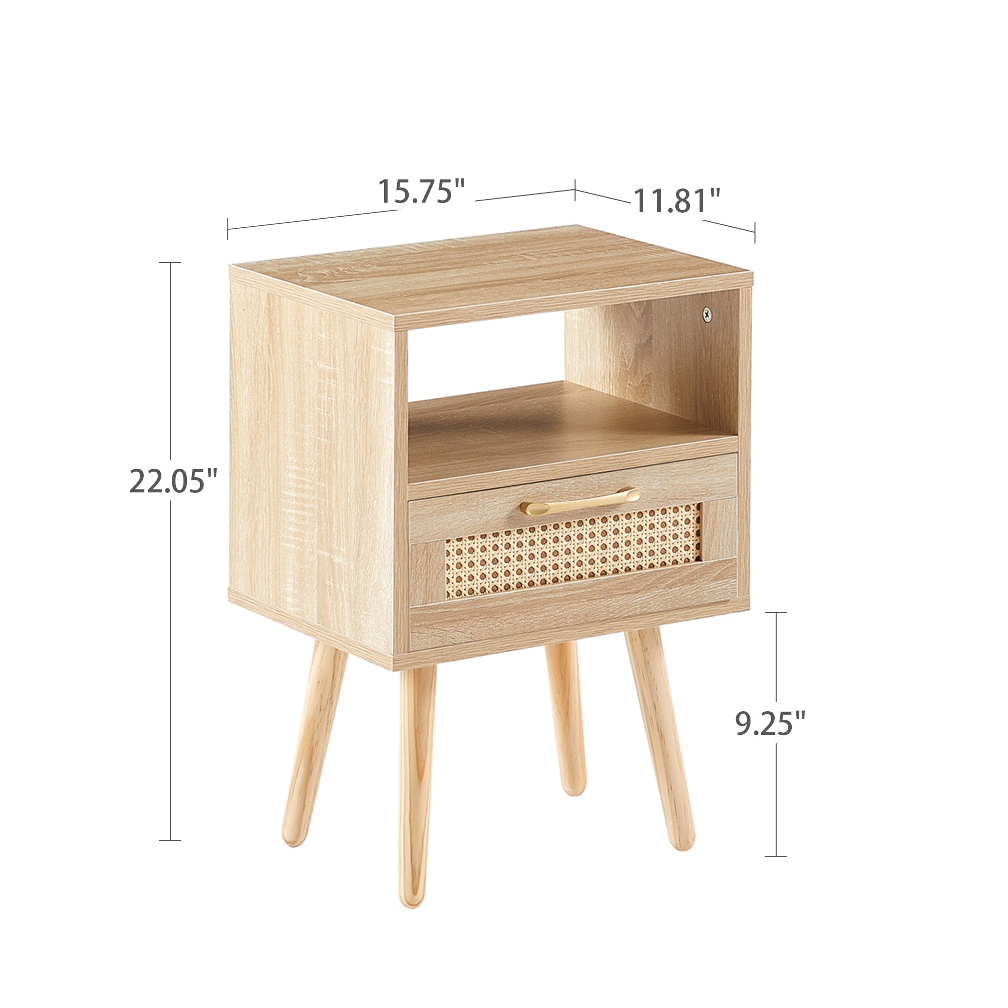 15.75" Rattan End table with  drawer and solid wood legs, Modern nightstand, side table for living room, bedroom,natural