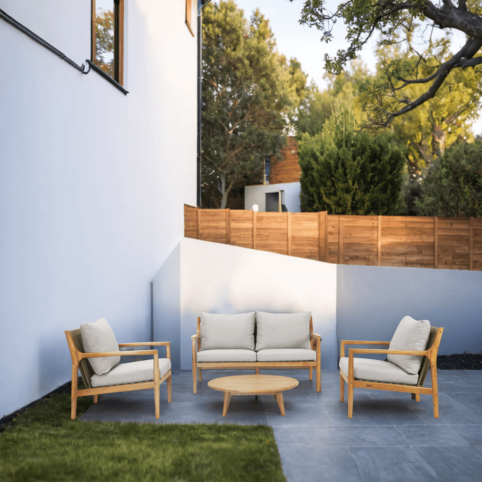 4-Piece Rustic Acacia Wood Patio Set – Loveseat, Chairs & Coffee Table(PAS-2513-2SC+SC*2+TA)