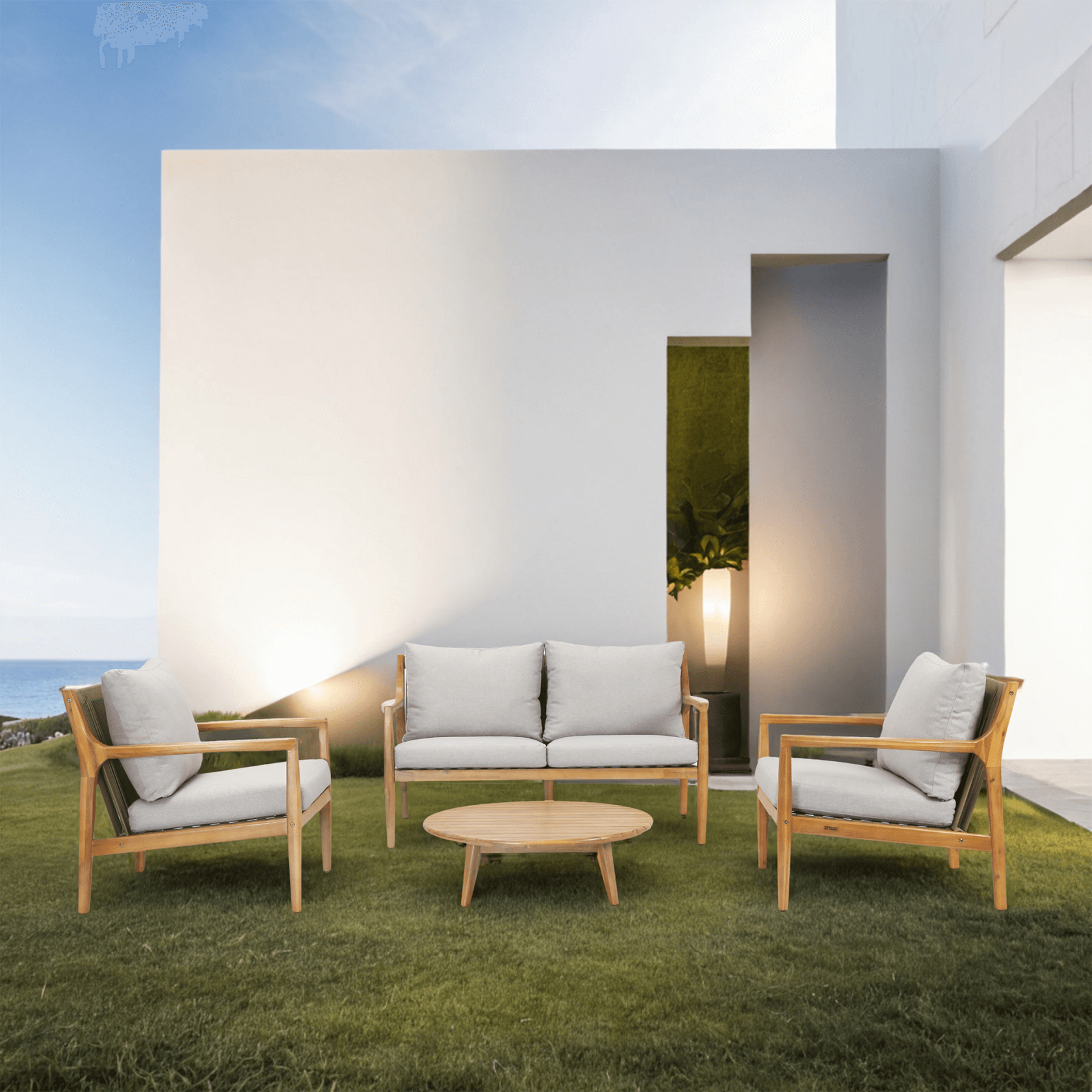 4-Piece Rustic Acacia Wood Patio Set – Loveseat, Chairs & Coffee Table(PAS-2513-2SC+SC*2+TA)