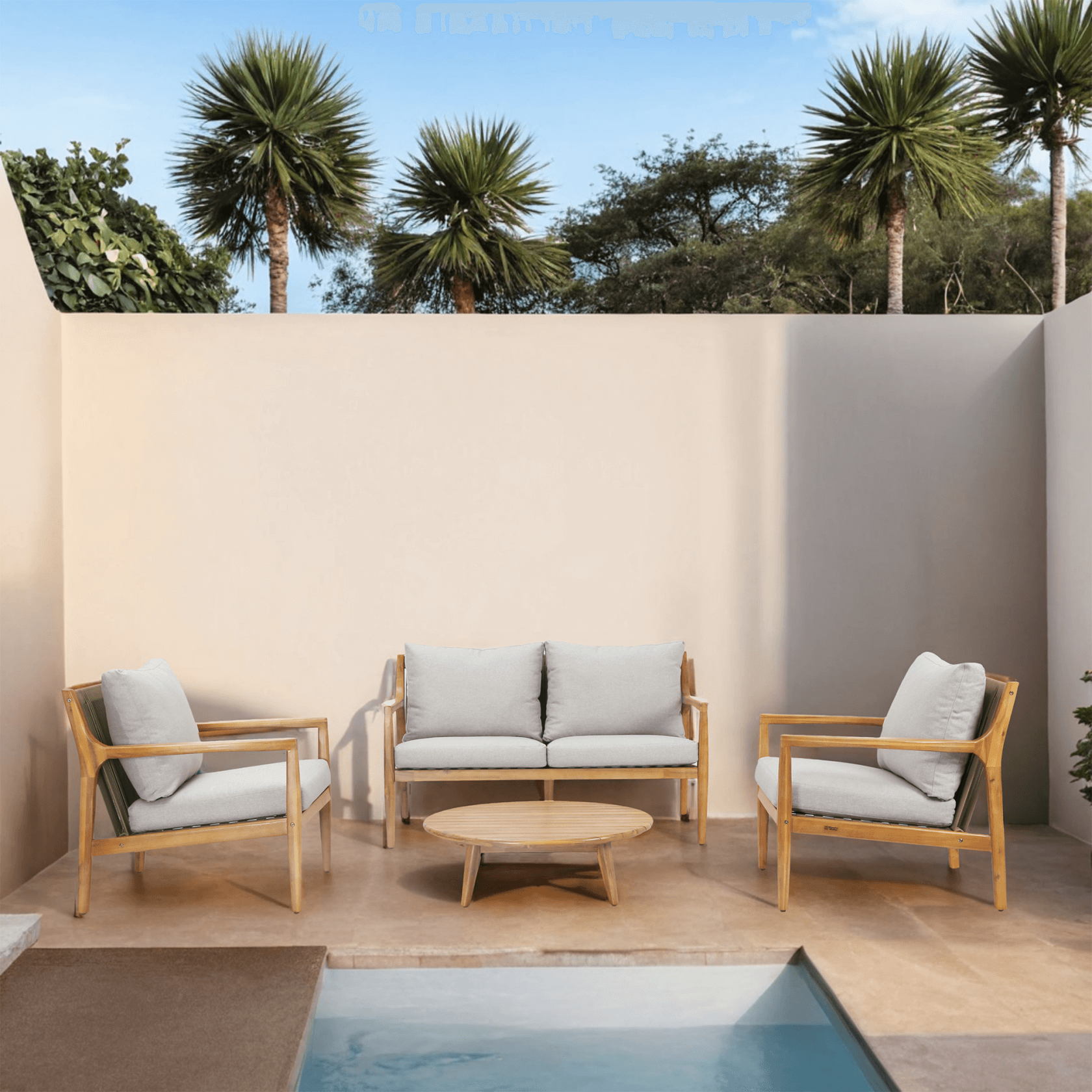 4-Piece Rustic Acacia Wood Patio Set – Loveseat, Chairs & Coffee Table(PAS-2513-2SC+SC*2+TA)