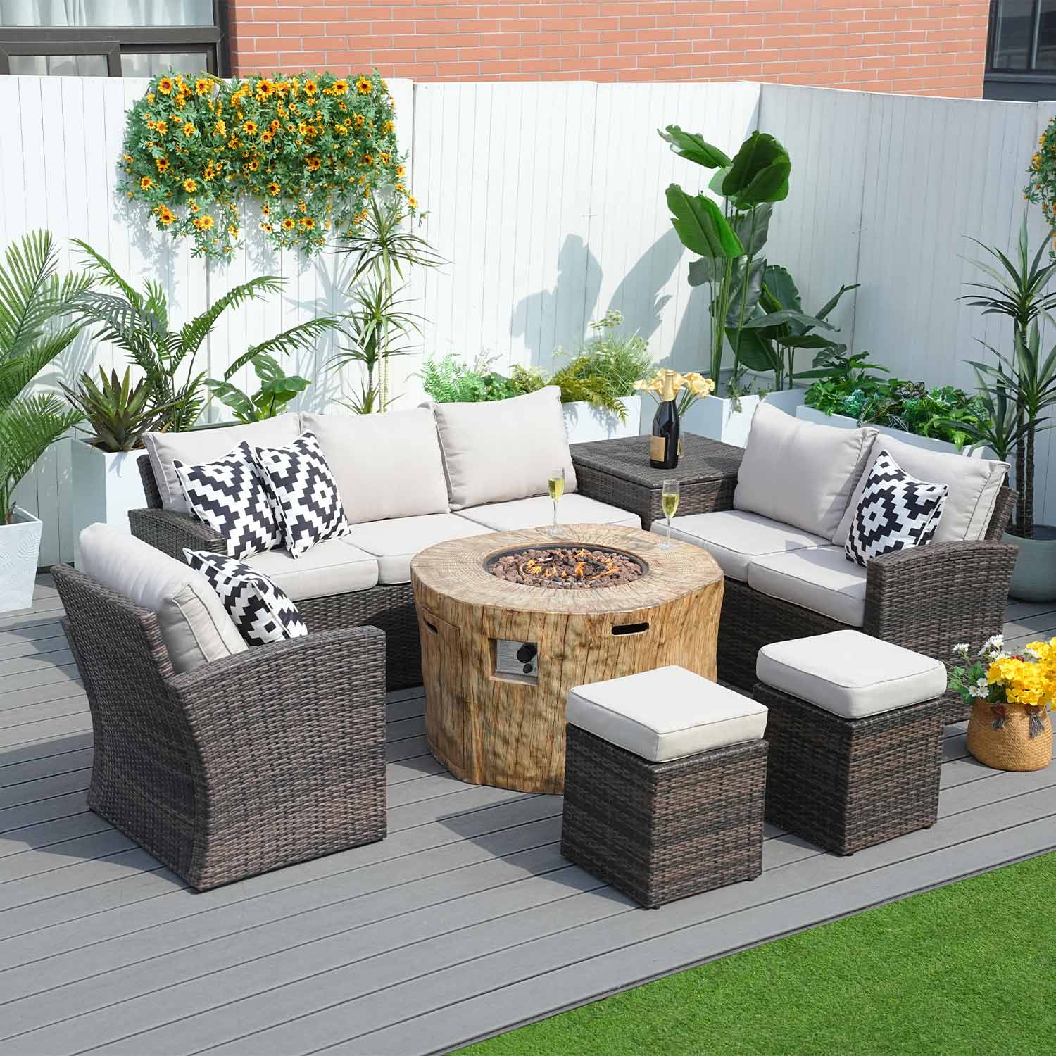 Abrihome Aurora 7PCS Patio Garden Rattan Wicker Dining Sofa Fire Table Set (PAS-1403B+2180)
