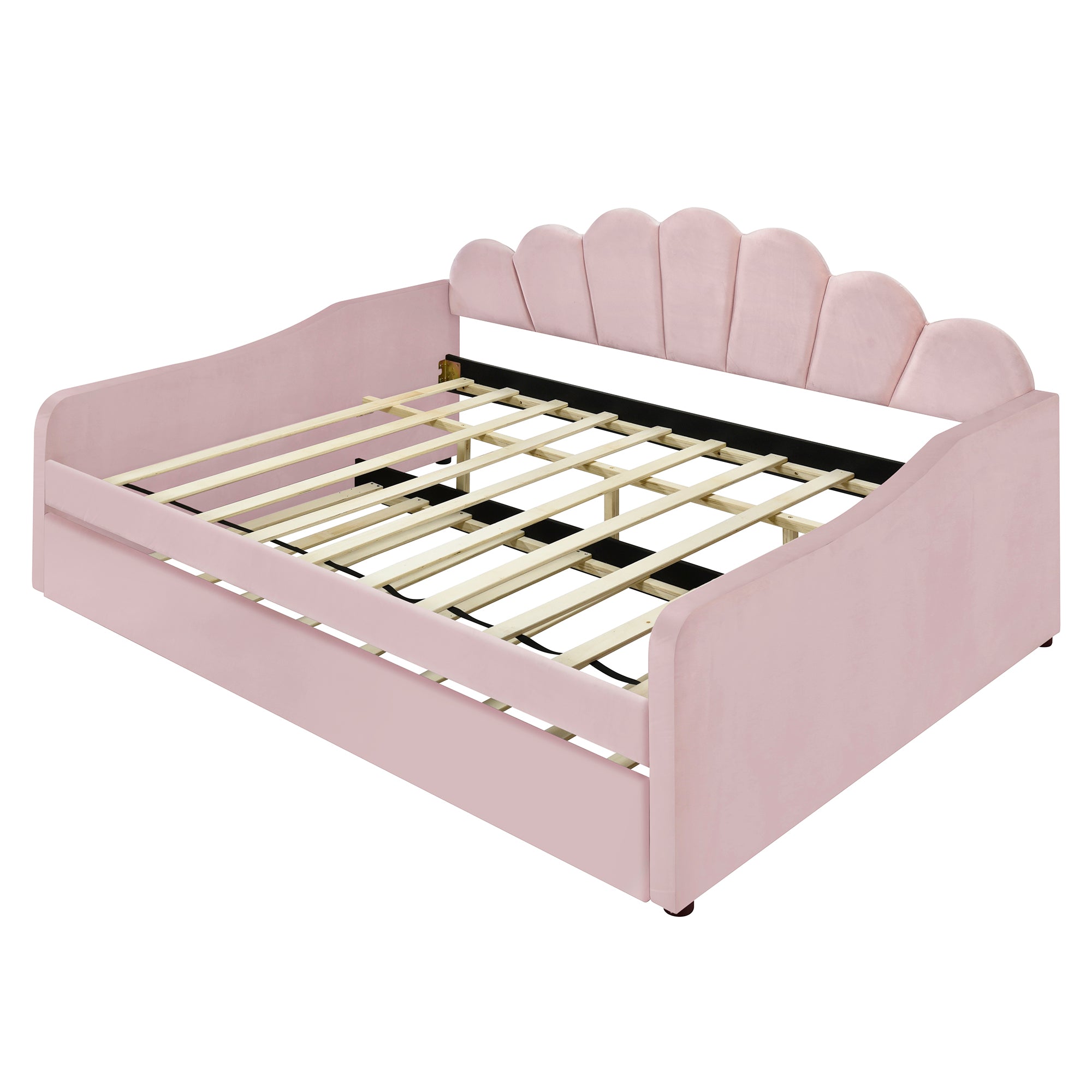 Full Size Upholstery Daybed Frame with Shall Shaped Backrest  and Trundle,Pink