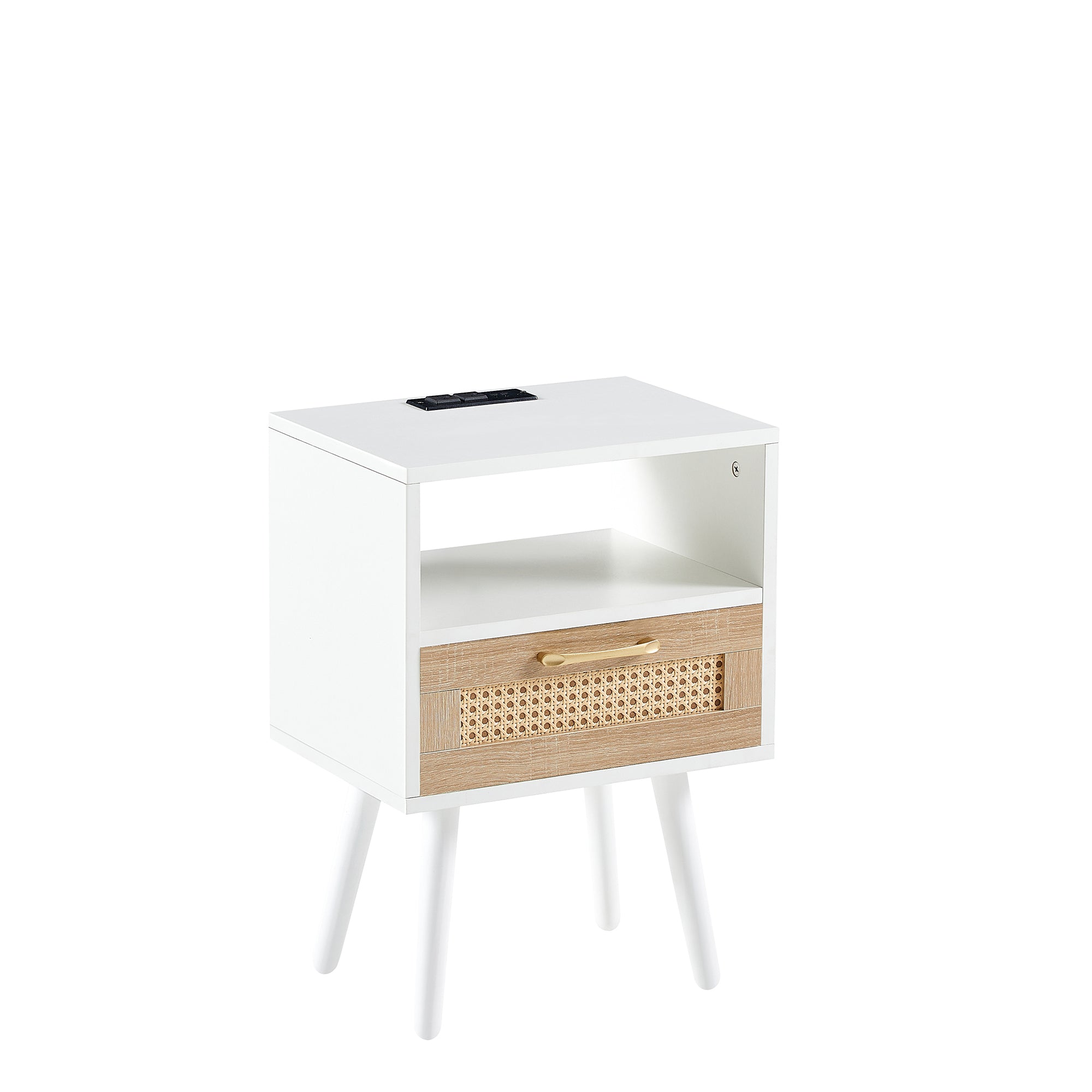 15.75" Rattan End table with Power Outlet  & USB Ports , Modern nightstand with drawer and solid wood legs, side table for living room, bedroom, white