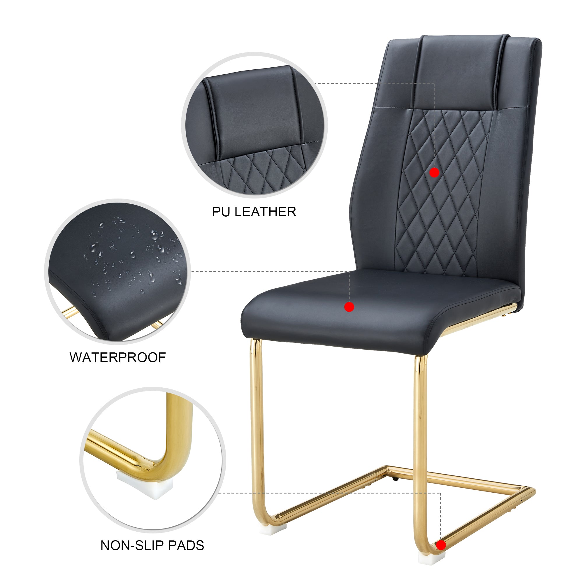 Modern dining chairs with faux leather padded seats, dining room chairs, gold metal leg upholstered chairs, suitable for kitchens, living rooms, bedrooms, and offices, set of 4 (black+PU leather)C-001