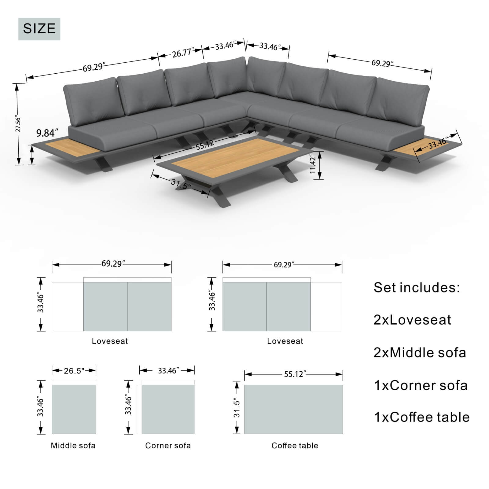 High-grade teak handrails aluminum dew pipe sofa garden set（PAS-2323）