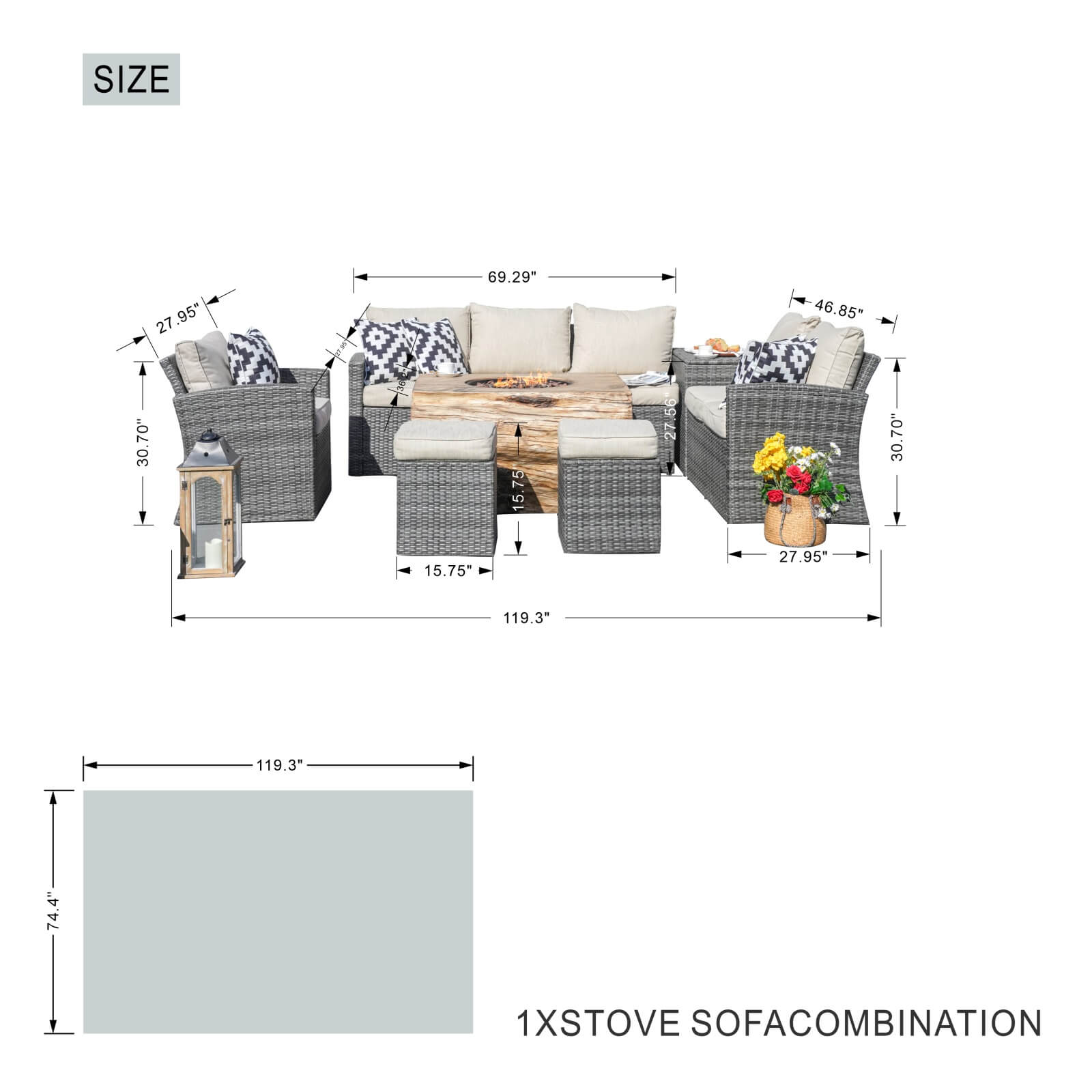 7-Piece Outdoor Fire Pit Set with TerraFlame Rectangle Table(PAG-1403B+2170)