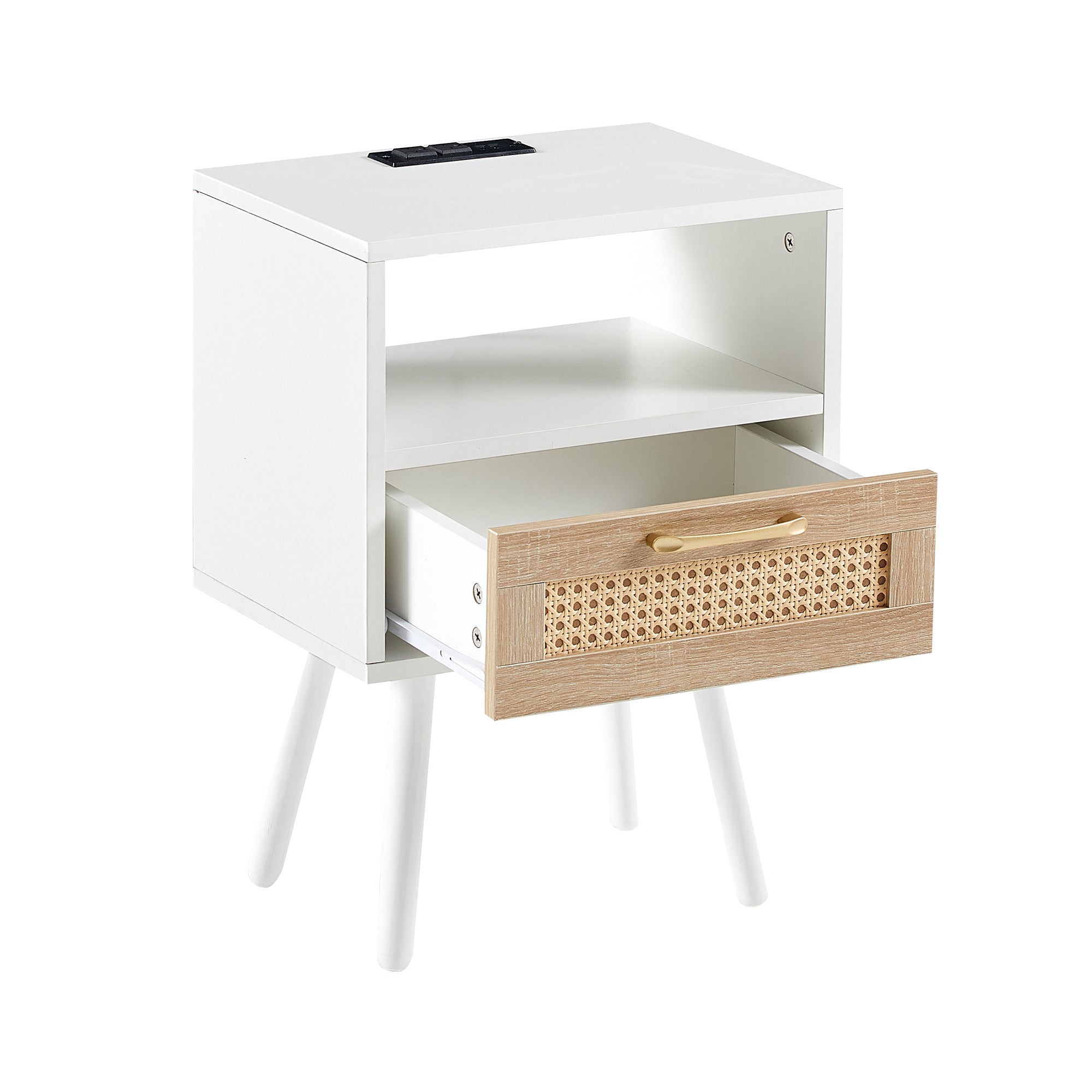 15.75" Rattan End table with Power Outlet  & USB Ports , Modern nightstand with drawer and solid wood legs, side table for living room, bedroom, white