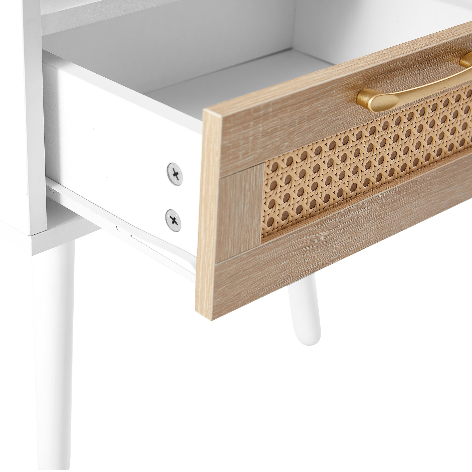 15.75" Rattan End table with Power Outlet  & USB Ports , Modern nightstand with drawer and solid wood legs, side table for living room, bedroom, white