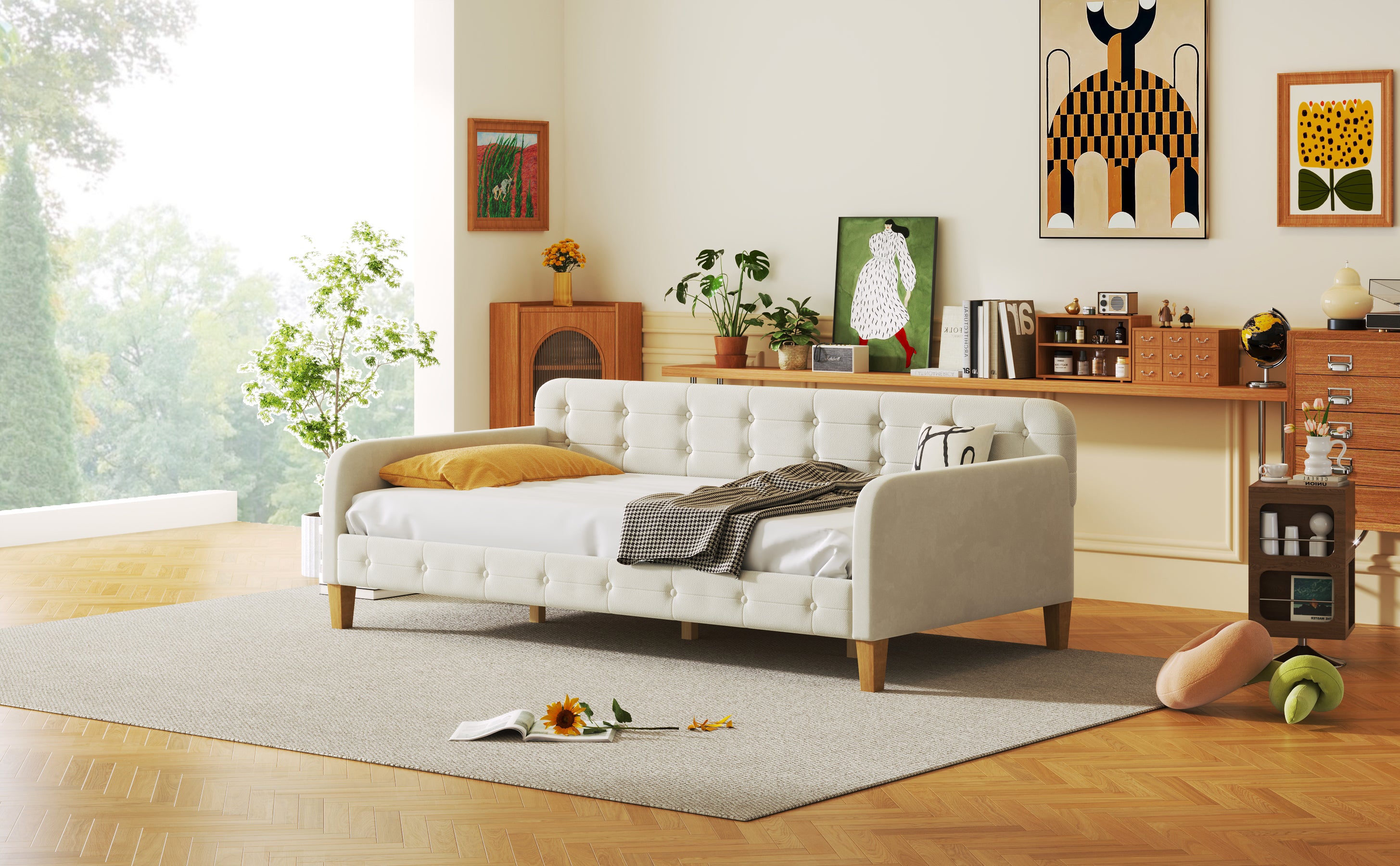 Twin Size Upholstered Daybed with 4 Support Legs, White