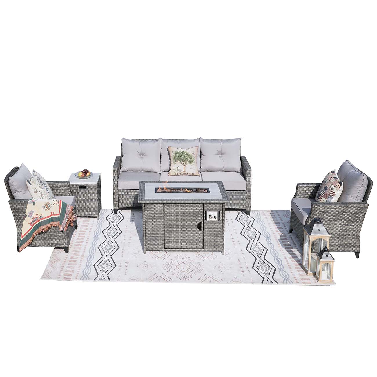 Abrihome Patio Wicker Conversational Seating Set with High Fire Pit Table in Gray (PAF-1802P)