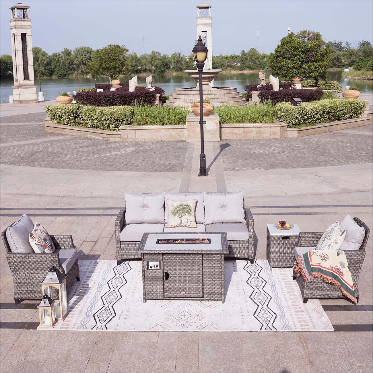 Abrihome Patio Wicker Conversational Seating Set with High Fire Pit Table in Gray (PAF-1802P)